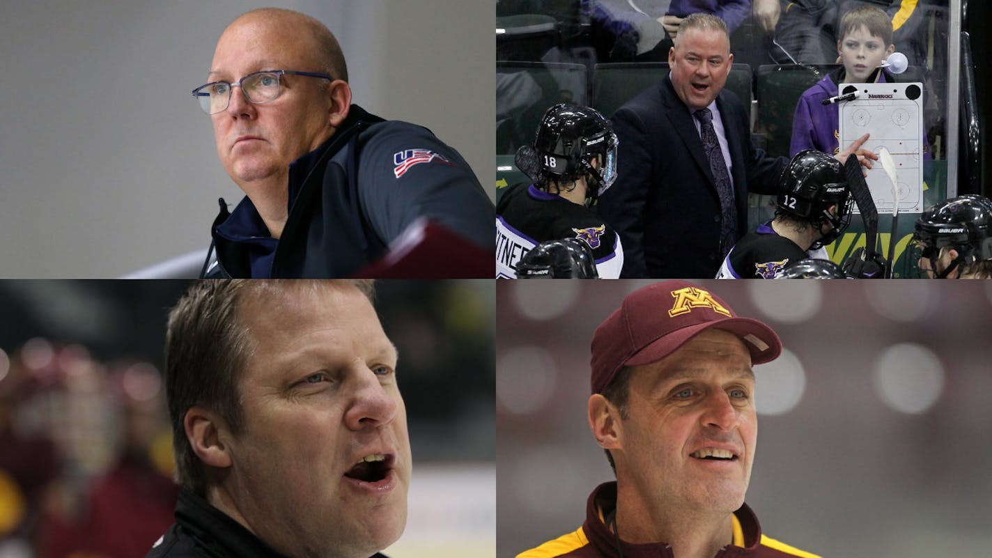 Some of the candidates to replace Don Lucia as Gophers men's hockey coach include (clockwise from top left): Bob Motzko of St. Cloud State, Mike Hastings of Minnesota State Mankato, Mike Guentzel of Minnesota and Scott Sandelin of UMD.