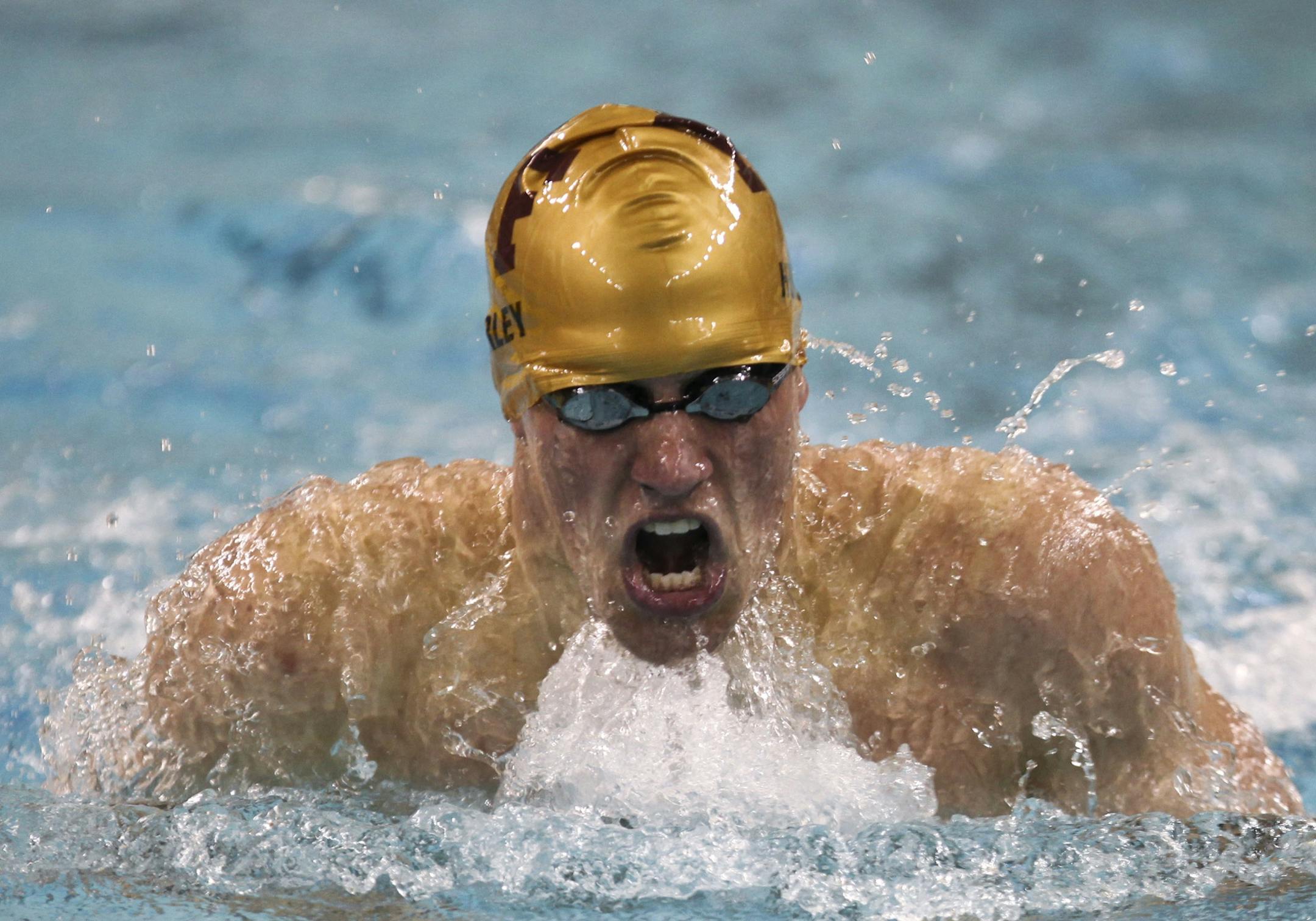 Mike Hurley, of Fergus Falls, swam the breaststroke portion of the 200-yard IM during the state boy's swimming and diving finals Class A. Hurley broke the Class A record in this event.
