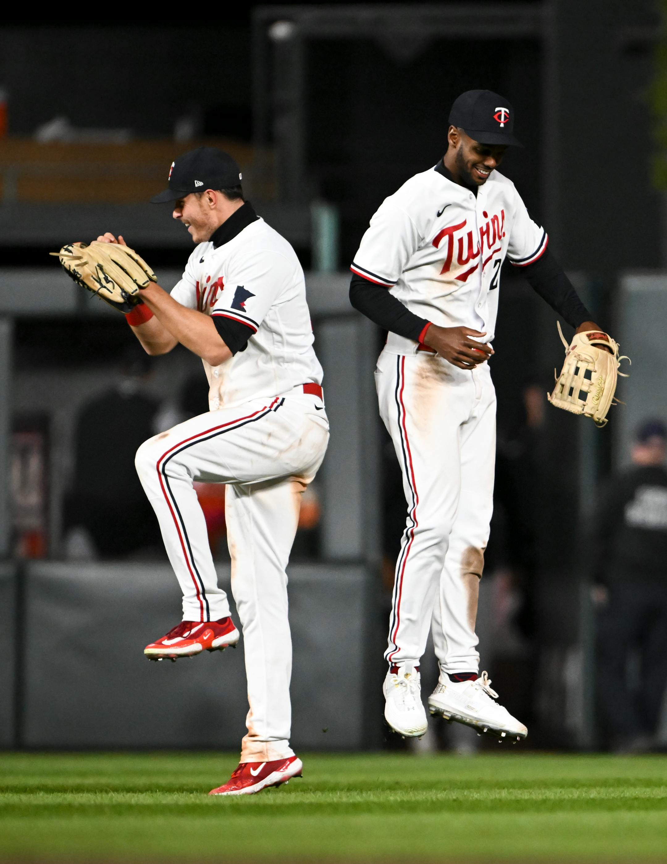 Minnesota Twins right fielder Max Kepler (26) and center fielder Michael A. Taylor (2) celebrate their team's 6-1 win over the New York Yankees Monday, April 24, 2023, at Target Field in Minneapolis, Minn..     ] AARON LAVINSKY • aaron.lavinsky@startribune.com
