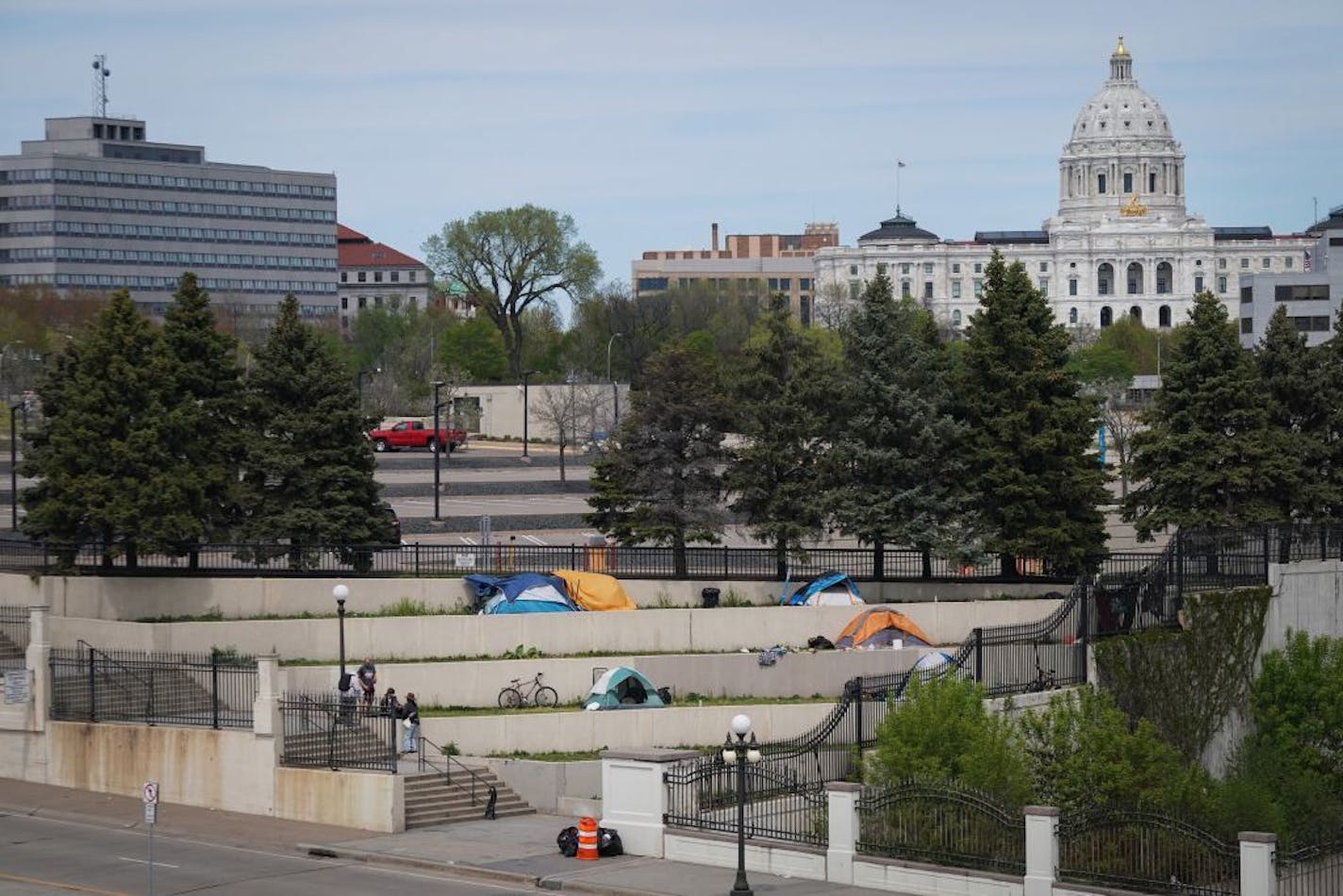 Tents were set up on cement stairs between the History Center and Catholic Charities and in the shadow of the state capitol building in St. Paul on Thursday, March 7, 2020.