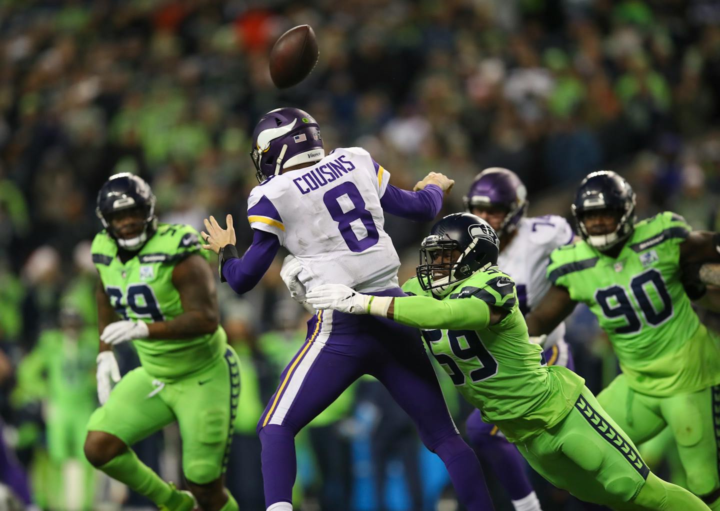 Things went from bad to worse for the Vikings in the fourth quarter, when Kirk Cousins was stripped of the ball by the Seahawks' Jacob Martin and Justin Coleman returned the fumble for a 29-yard TD.