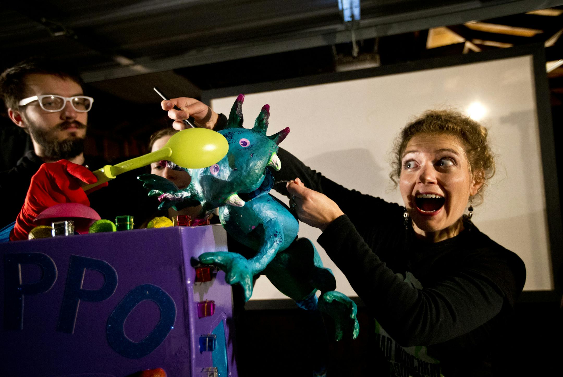 Marc Berg and Laura Wilhelm, of the Mad Munchkin Productions, rehearsed scenes from their upcoming tour The Spooky Spectacular and Harvest Hullabaloo in a garage in Minneapolis on Tuesday, October 15, 2013, in Minneapolis, Minn. ] RENEE JONES SCHNEIDER • reneejones@startribune.com CQ Marc Berg