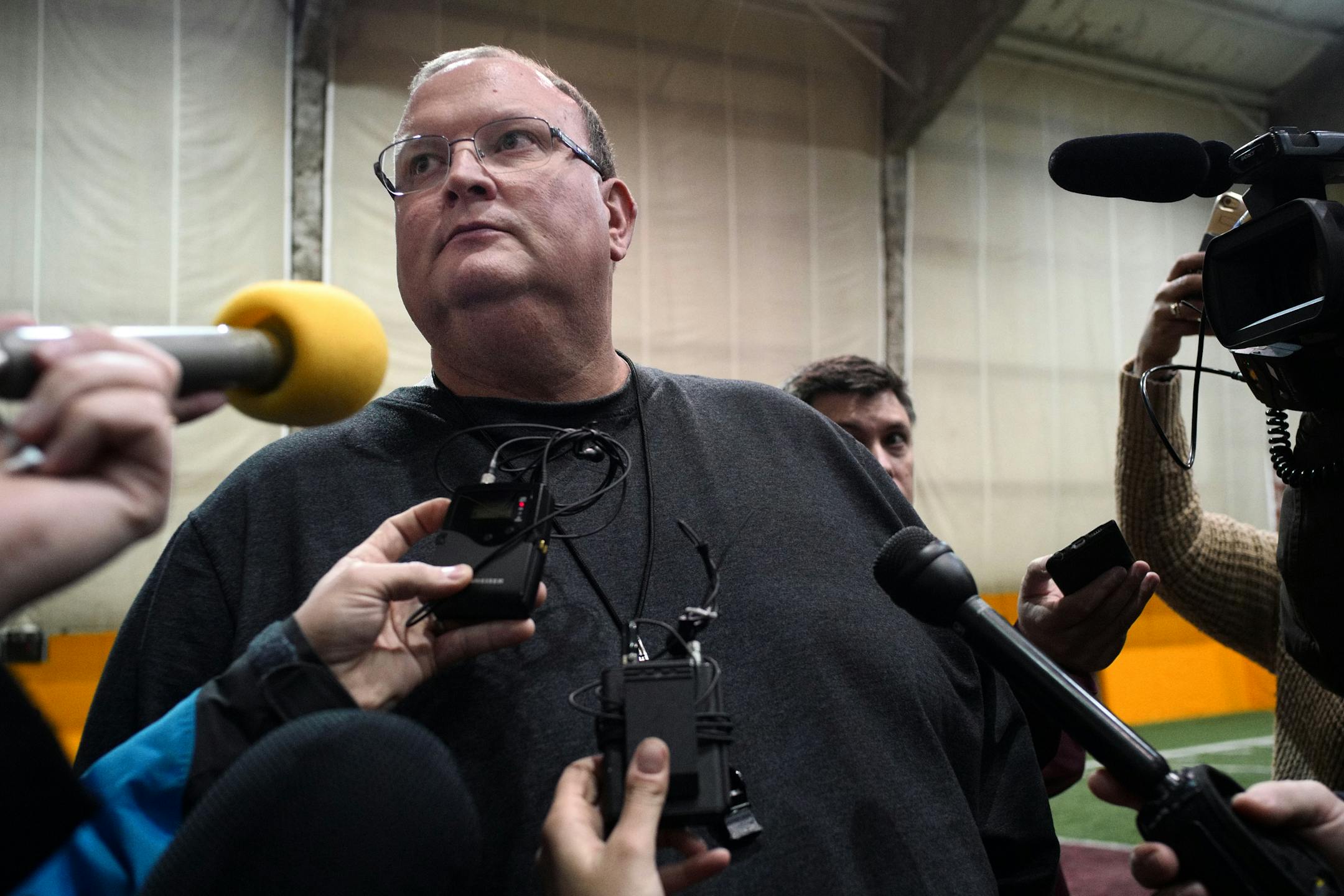 Tracy Claeys addressed the media Sunday evening about his status as coach of the Gophers football team.