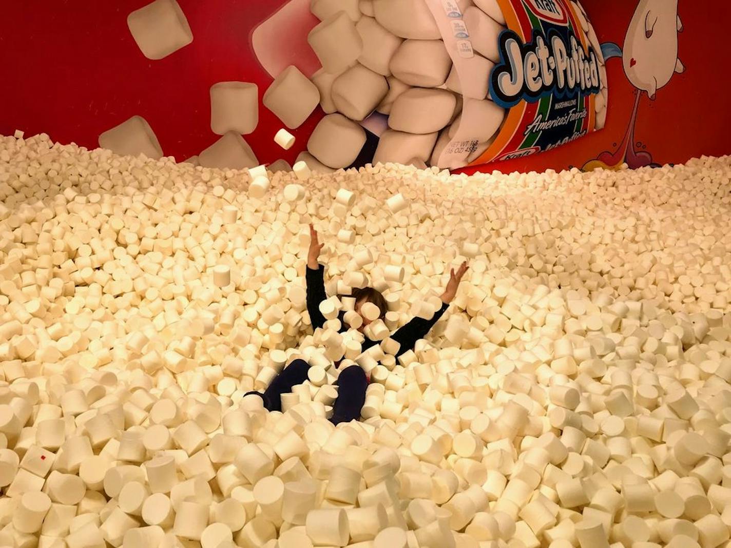 The marshmallow pit's mallows are really made of foam at Candytopia in the Mall of America.