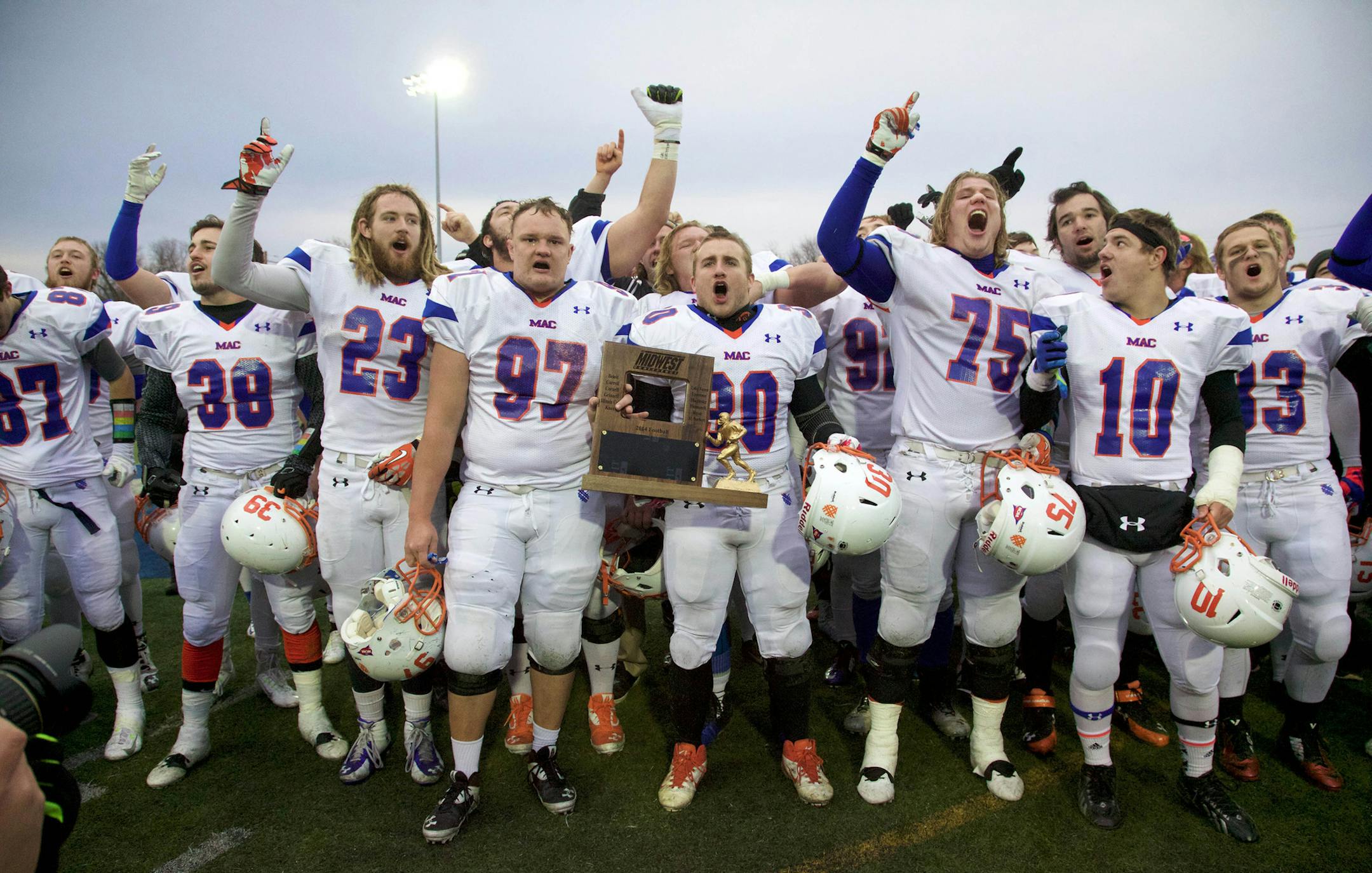 post-game reaction Macalester College defeats Illinois College 30-27 in the Midwest Division championship football game Saturday 15 November 2014 in Jacksonville, Illinois. Photos by Steve of Warmowski Photography http://www.warmowskiphoto.com 217.473.5581 141115