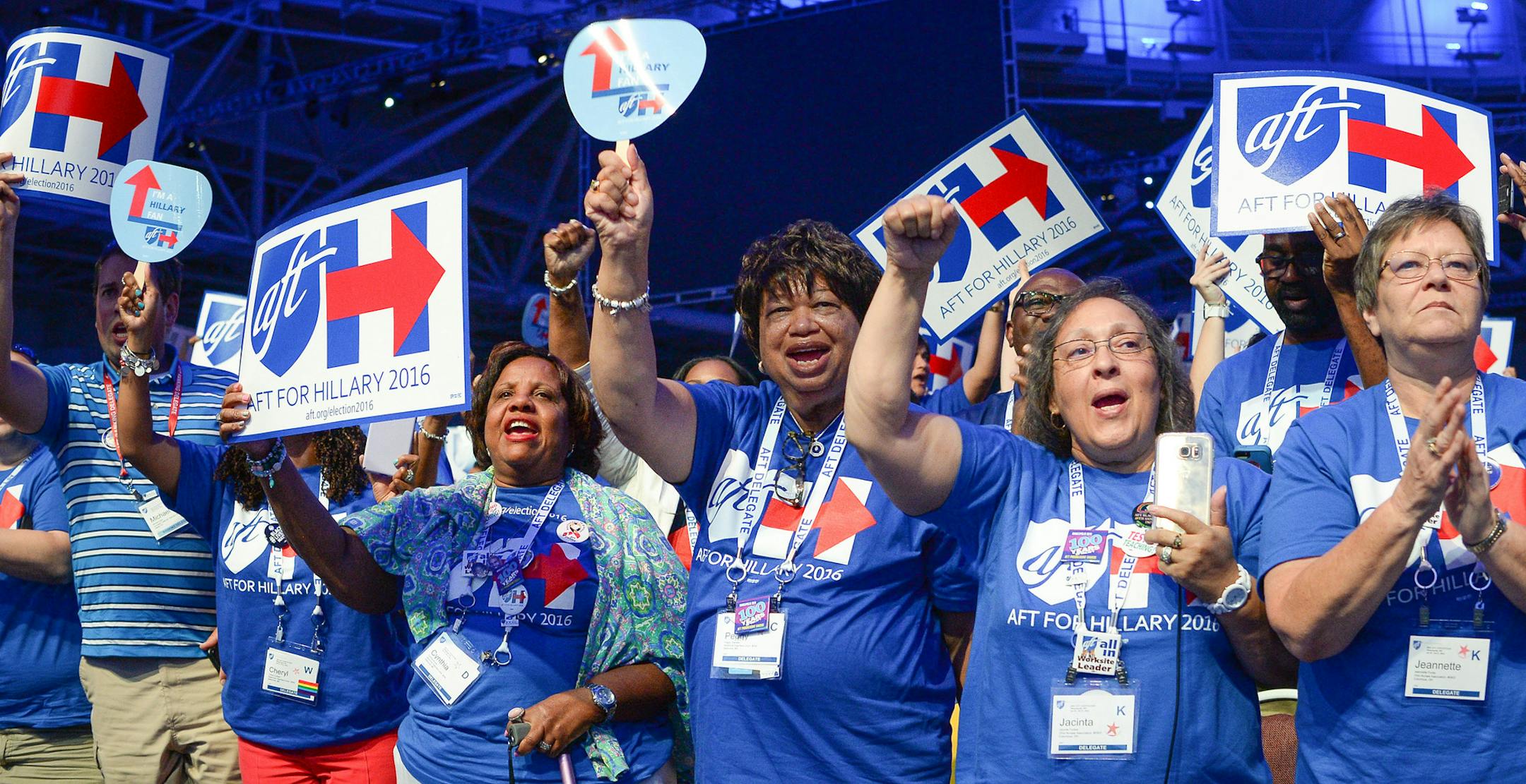 Educators meeting at the Minneapolis Convention Center cheered Hillary Clinton on Monday, July 18.