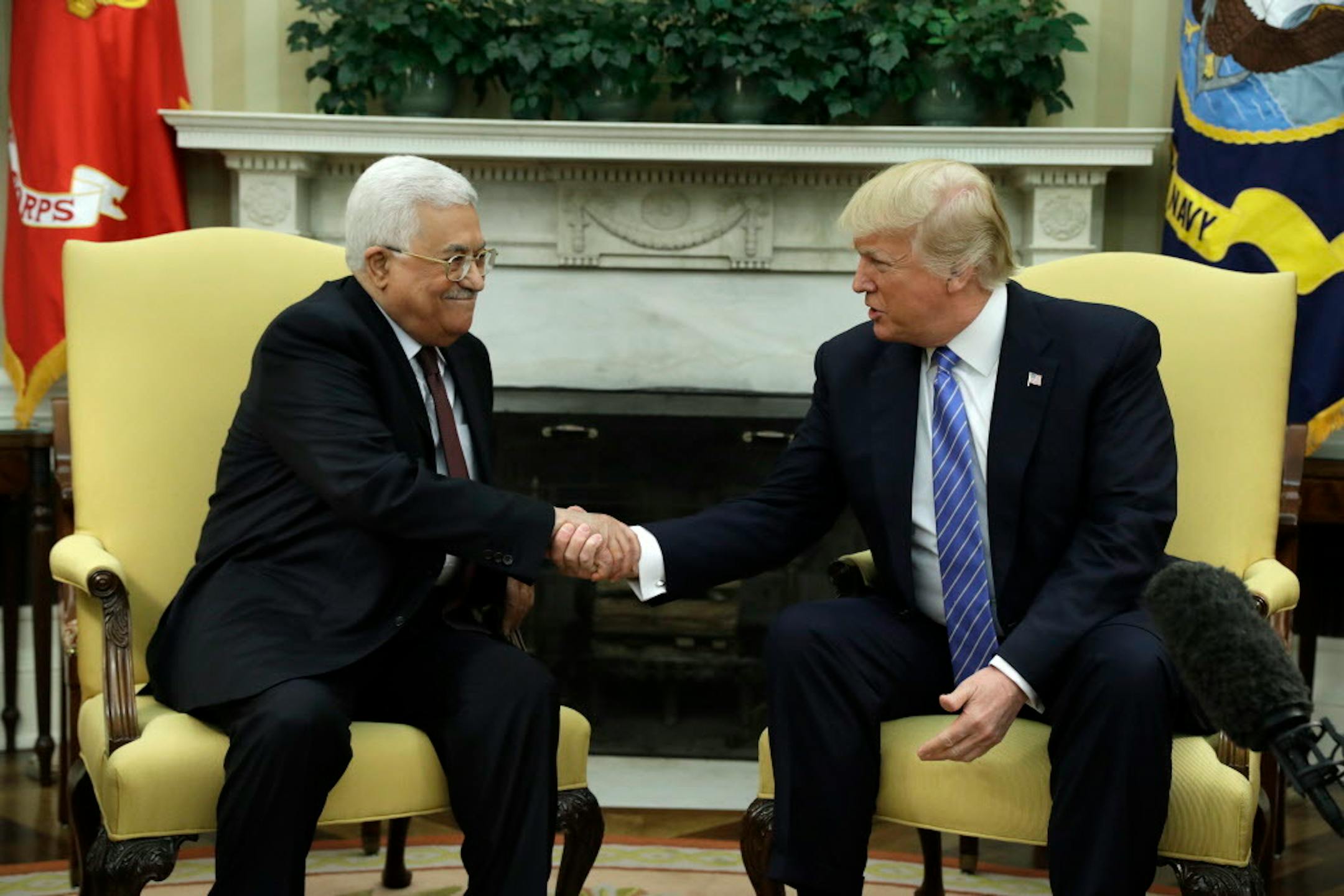 President Donald Trump shakes hands with with Palestinian leader Mahmoud Abbas during their meeting in the Oval Office of the White House, Wednesday, May 3, 2017, in Washington. (AP Photo/Evan Vucci)