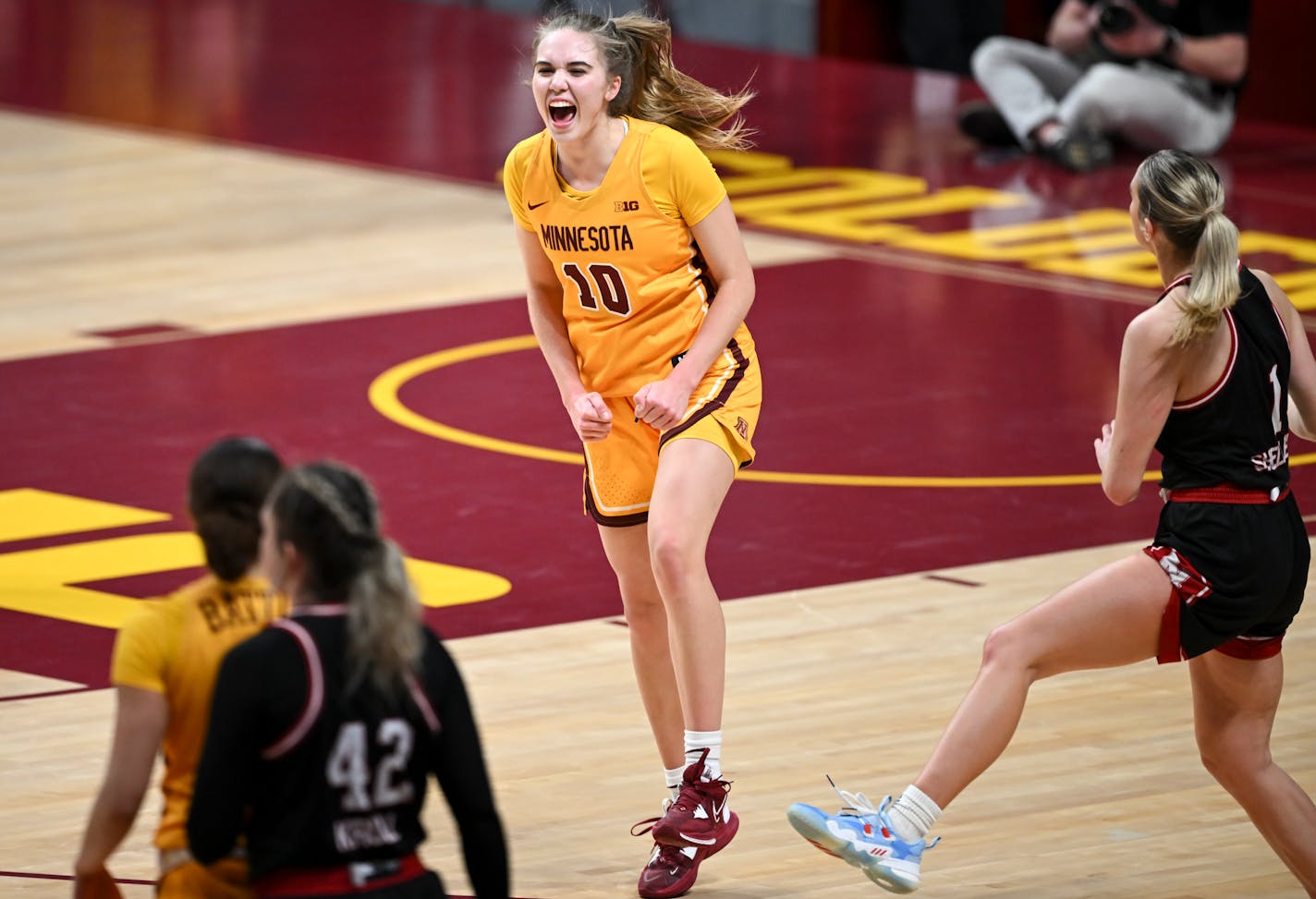 Minnesota guard Mara Braun (10) celebrates a Nebraska turnover late during the second half of an NCAA women's basketball game Wednesday, Feb. 15, 2023 at Williams Arena in Minneapolis, Minn. ] AARON LAVINSKY • aaron.lavinsky@startribune.com