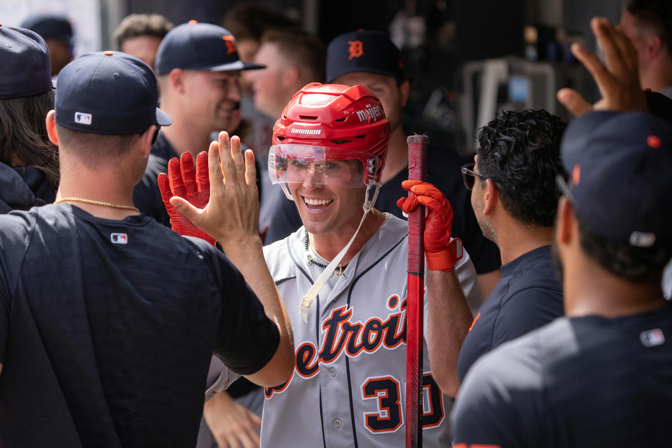 Detroit Tigers right fielder Kerry Carpenter (30) celebrates after hitting a home run against the Minnesota Twins in the seventh inning.