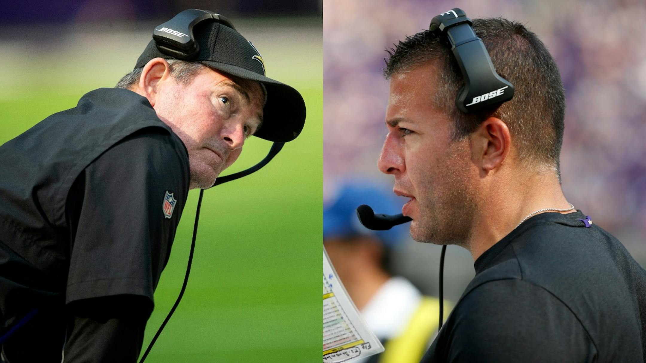 On Monday, Vikings coach Mike Zimmer, left, wondered aloud if the offensive playbook has "a little bit too much volume" under first-year coordinator John DeFilippo, right.