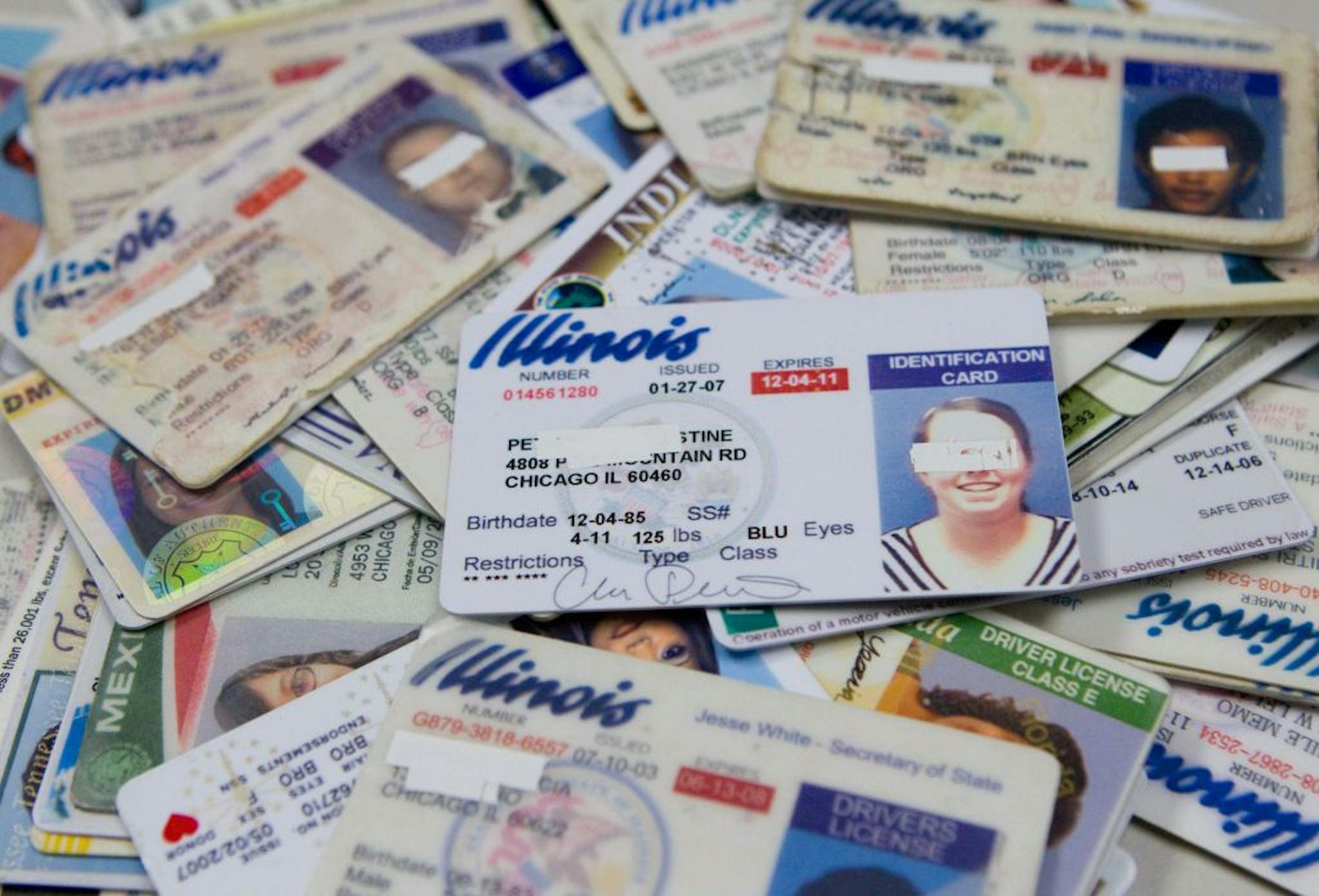 The Illinois secretary of state's office in Chicago has quite a collection of confiscated fake IDs that originated in China. Some of the information was whited-out by the office for privacy reasons.