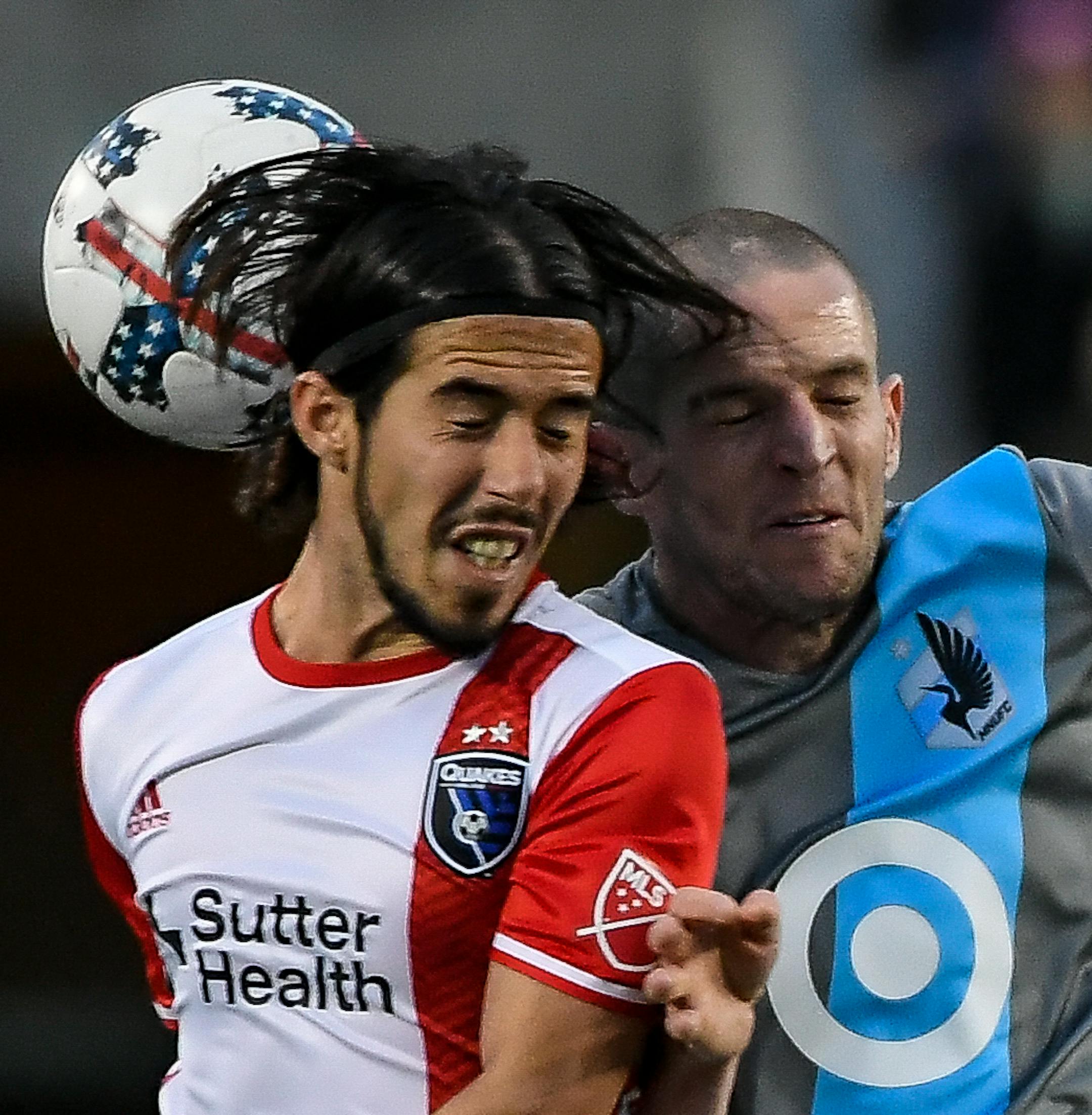 Minnesota United midfielder Sam Cronin and San Jose midfielder Jahmir Hyka battled for a header in the first half Saturday. ] AARON LAVINSKY &#xef; aaron.lavinsky@startribune.com Minnesota United played the San Jose Earthquakes on Saturday, April 29, 2017 at TCF Bank Stadium in Minneapolis, Minn.