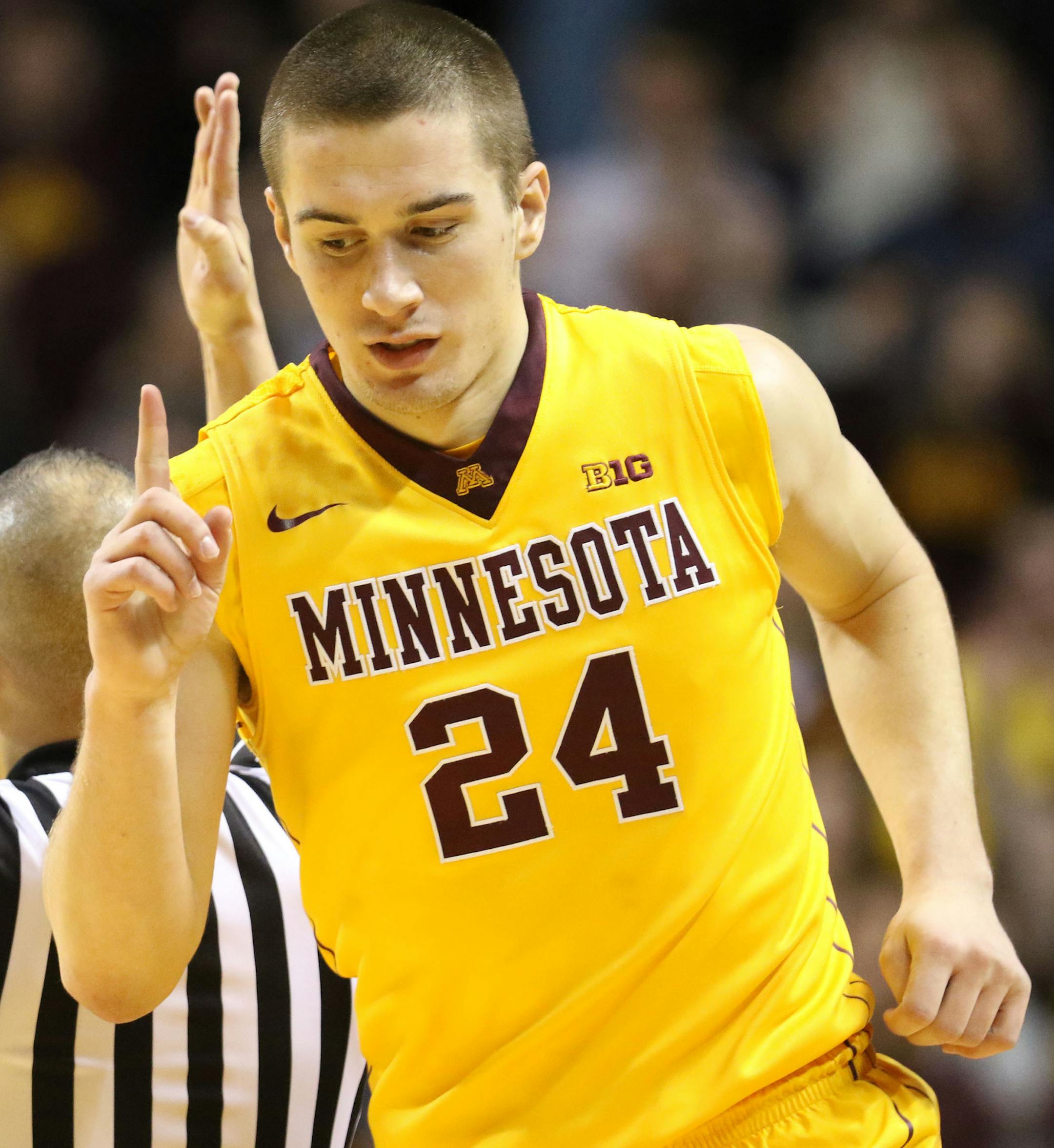 The University of Minnesota's Joey King (24) signals after hitting a three point shot during the first half of the Gophers 70-63 loss to the University of Indiana Saturday, Jan. 16, 2016, at Williams Arena in Minneapolis, MN. ](DAVID JOLES/STARTRIBUNE)djoles@startribune.com the University of Indiana versus the University of Minnesota.