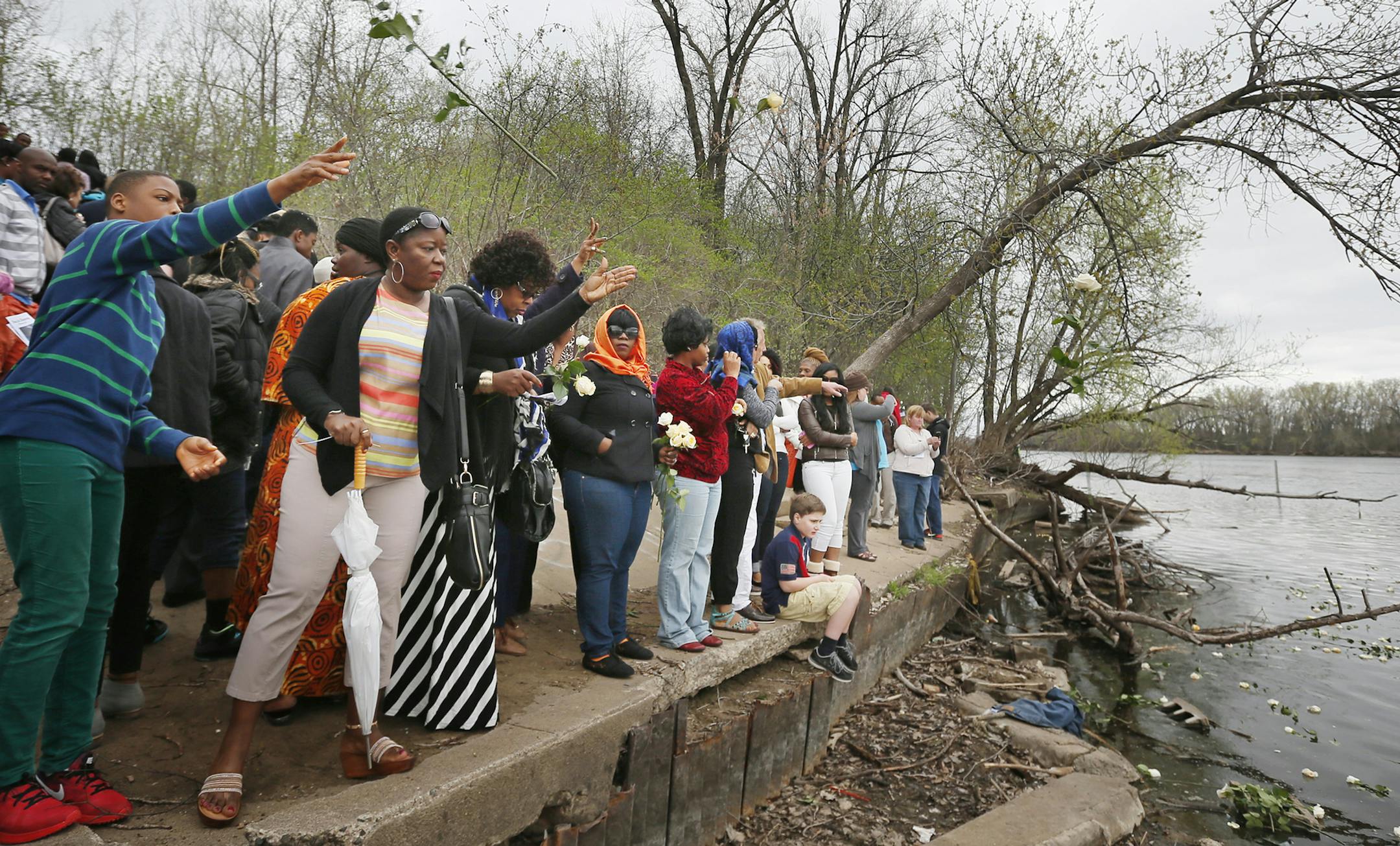 Community members tossed yellow roses in the Mississippi River near the site where 10-year-old Barway Collins body was recovered. A public memorial service was held for Barway Collins at the North Mississippi Regional Park Sunday April 19, 2015 in Minneapolis, Minnesota. ] Jerry Holt/ Jerry.Holt@Startribune.com ORG XMIT: MIN1504191659343482