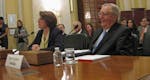 Sen. Amy Klobuchar sat with former Vice President Walter Mondale on Wednesday as he told the Senate Rules Committee that the number of senators needed
