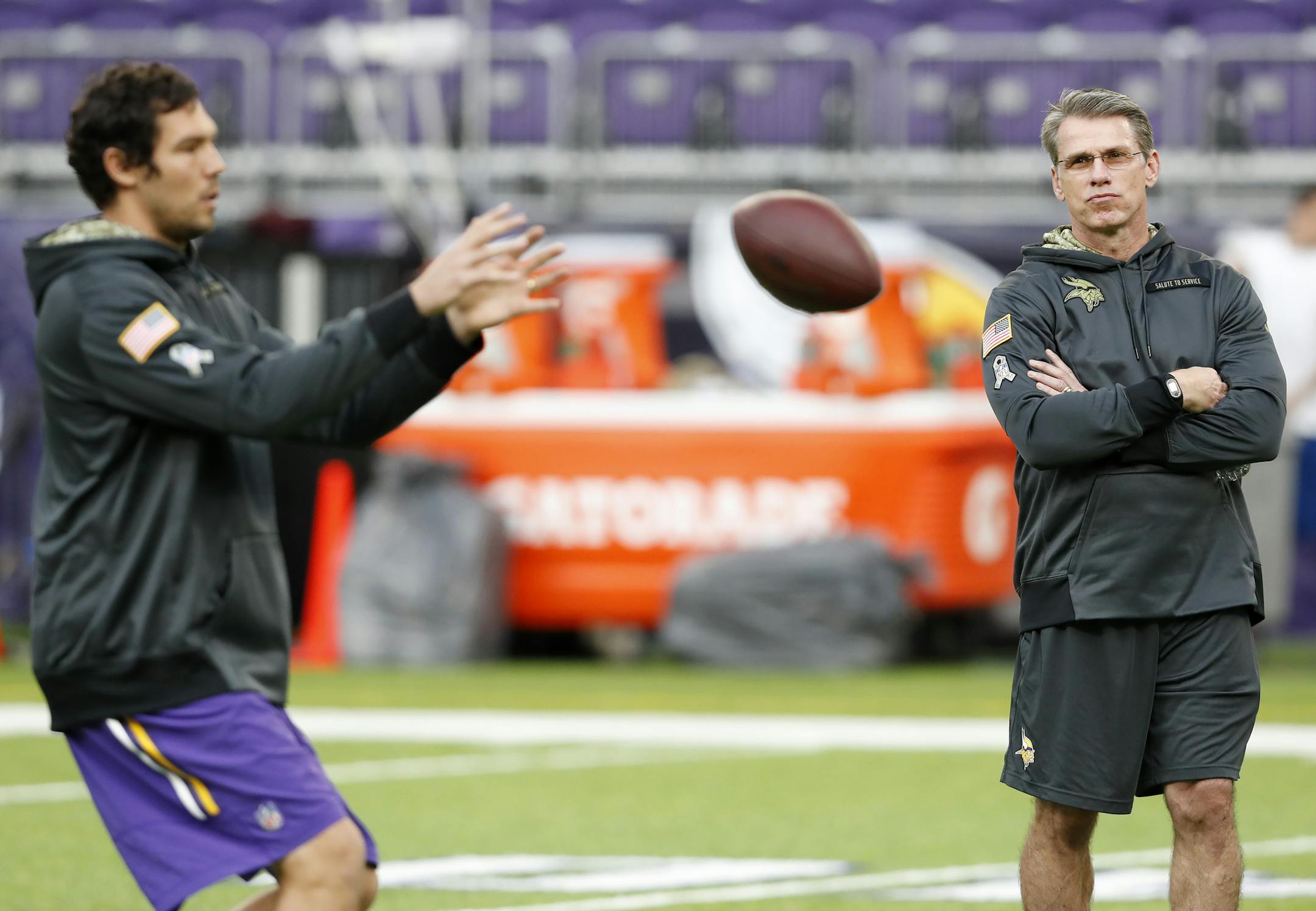 Minnesota Vikings general manager Rick Spielman and quarterback Sam Bradford. ] CARLOS GONZALEZ cgonzalez@startribune.com - November 6, 2016, Minneapolis, MN, US Bank Stadium, NFL, Minnesota Vikings vs. Detroit Lions