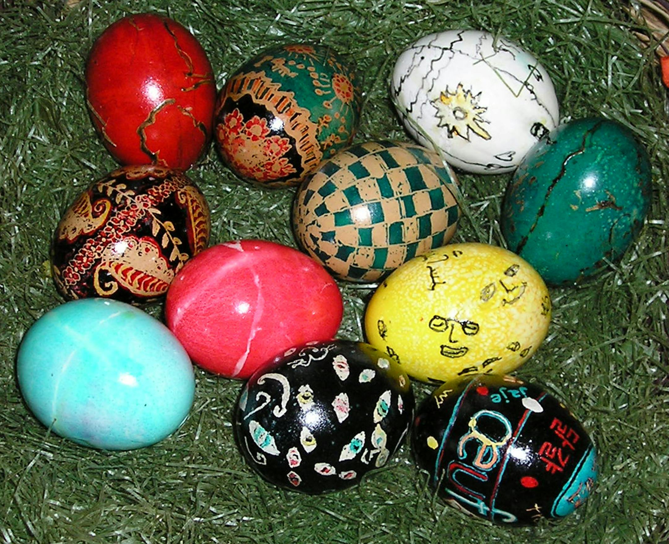 Barbara Aslakson and family colored these eggs in 2013 at the prompting of her daughter-in-law, who is a Russian descendant. "I am sure you can tell which ones she made," says Barbara. She's put the eggs out each year since.