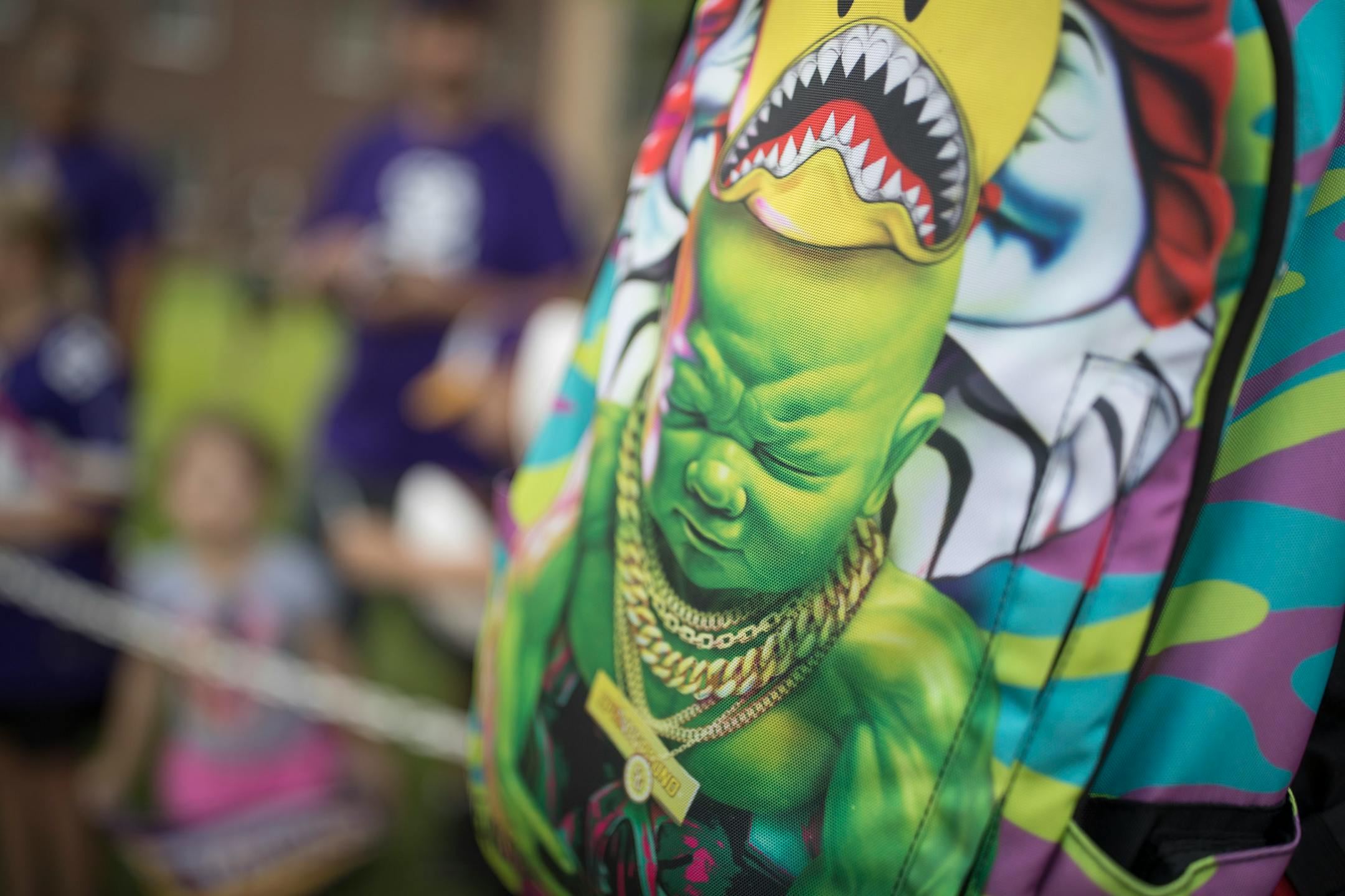 Rookie Jaleel Johnson wore a baby Hulk backpack as he arrived at Vikings training camp at Minnesota State University Mankato Sunday July 23, 2017 in Mankato, MN. ] JERRY HOLT ï jerry.holt@startribune.com
