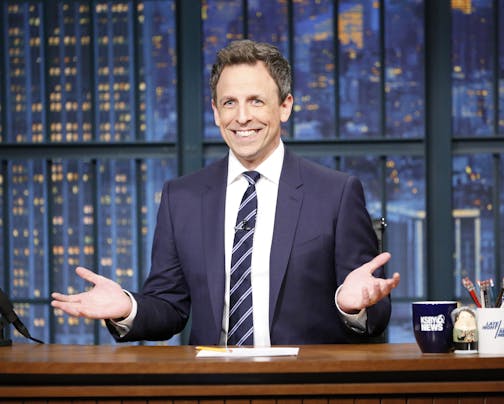 LATE NIGHT WITH SETH MEYERS -- Episode 514 -- Pictured: Host Seth Meyers at his desk on April 5, 2017 -- (Photo by: Lloyd Bishop/NBC) ORG XMIT: Season:4