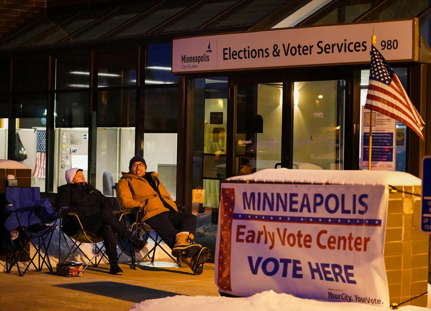 Davis Senseman and Jared Mollenkof arrived at the Minneapolis early vote center Jan. 16 so they could be among the first voters in the 2020 election, when the center opened at 8 a.m. Jan 17.