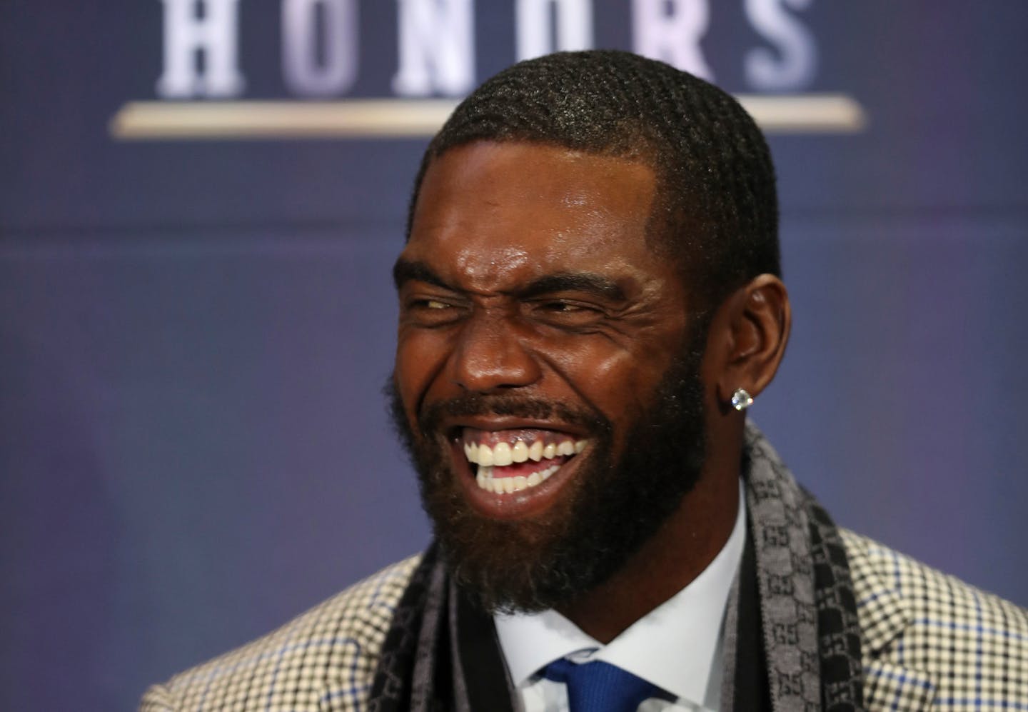 Randy Moss grinned while listening to another inductee to the Pro Football Hall of Fame answer a question. Randy Moss is only the third wide receiver to be selected for the NFL Hall of Fame on the first ballot. ] JEFF WHEELER ï jeff.wheeler@startribune.com The NFL Honors awards show was held Saturday evening, February 3, 2018 at Northrop Auditorium in on the University of Minnesota campus in Minneapolis. The Hall of Fame inductees were announced as well as the MVP, Rookie of the Year, and other