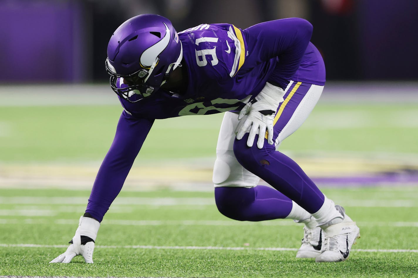 Minnesota Vikings defensive end Stephen Weatherly (91) prior to the snap during an NFL preseason football game against the Indianapolis Colts, Saturday, Aug. 21, 2021 in Minneapolis. Indianapolis won 12-10. (AP Photo/Stacy Bengs)