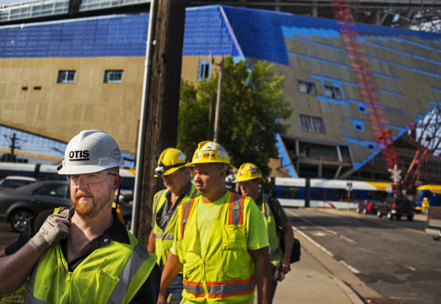 At US Bank Stadium, one worker was killed and another injured in a construction site accident earlier this morning.Some workers were sent home for the day.] Richard Tsong-Taatarii/rtsong-taatarii@startribune.com