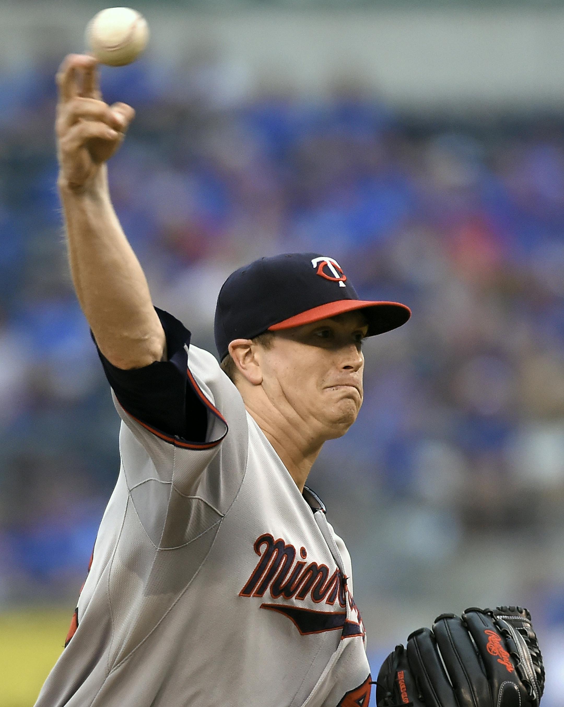 Minnesota Twins pitcher Kyle Gibson throws against the Kansas City Royals on Thursday, July 2, 2015, at Kauffman Stadium in Kansas City, Mo. (John Sleezer/Kansas City Star/TNS)