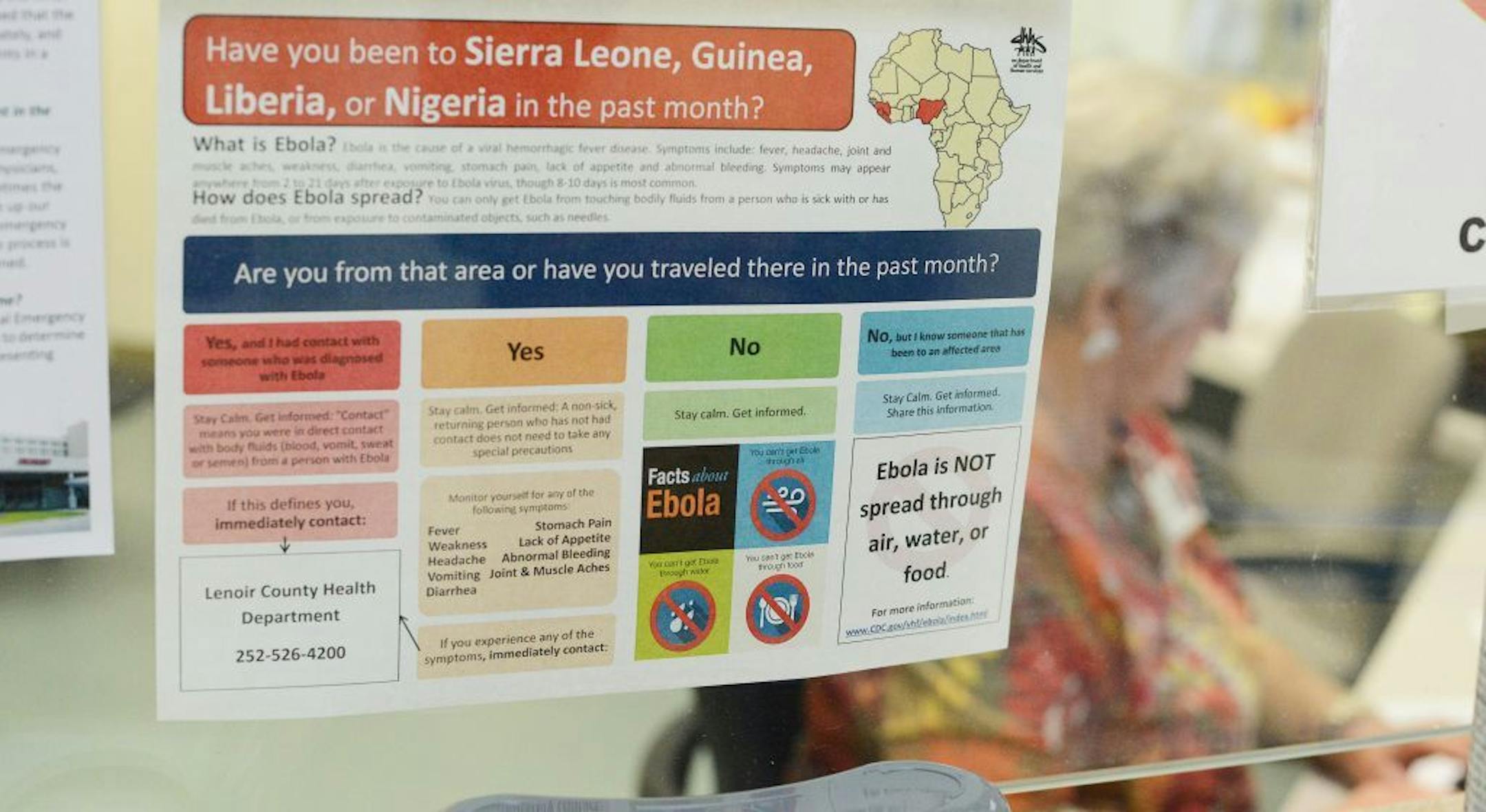 An sign with facts and questions about Ebola is posted inside Lenoir Memorial Hospital in Kinston, N.C., on Tuesday, Oct. 14, 2014. All hospital staff take protective measures to keep staff and patients safe, as more attention is focused on diseases like Ebola.