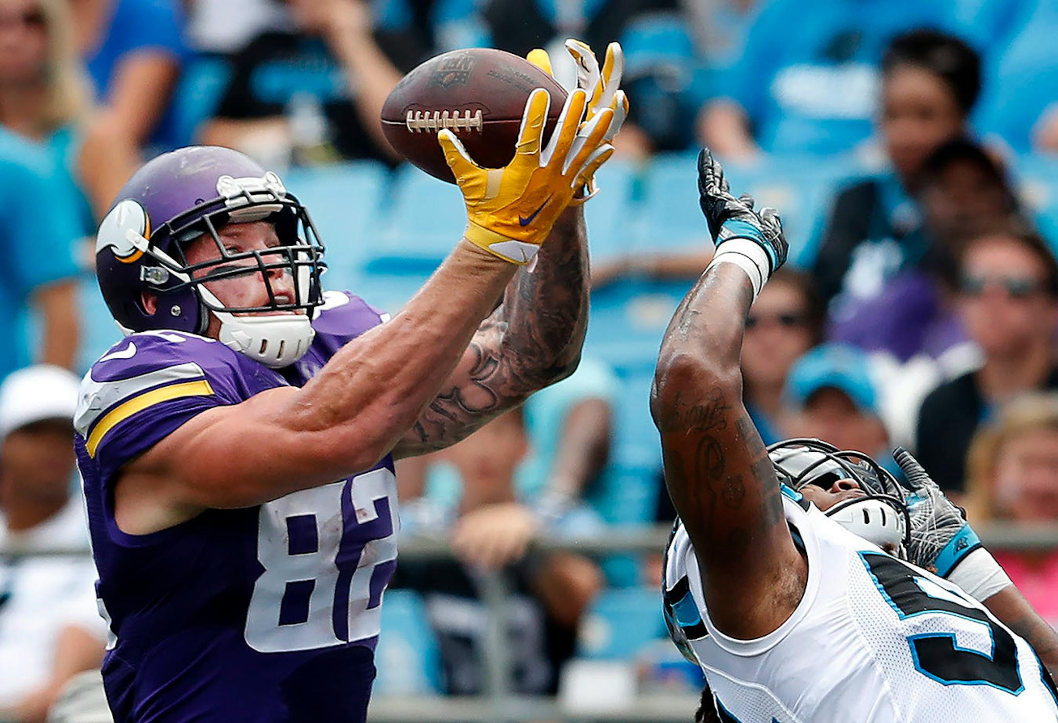 Kyle Rudolph caught 15-yard pass from Sam Bradford for a touchdown in while being defended by Shaq Thompson (54) the third quarter.