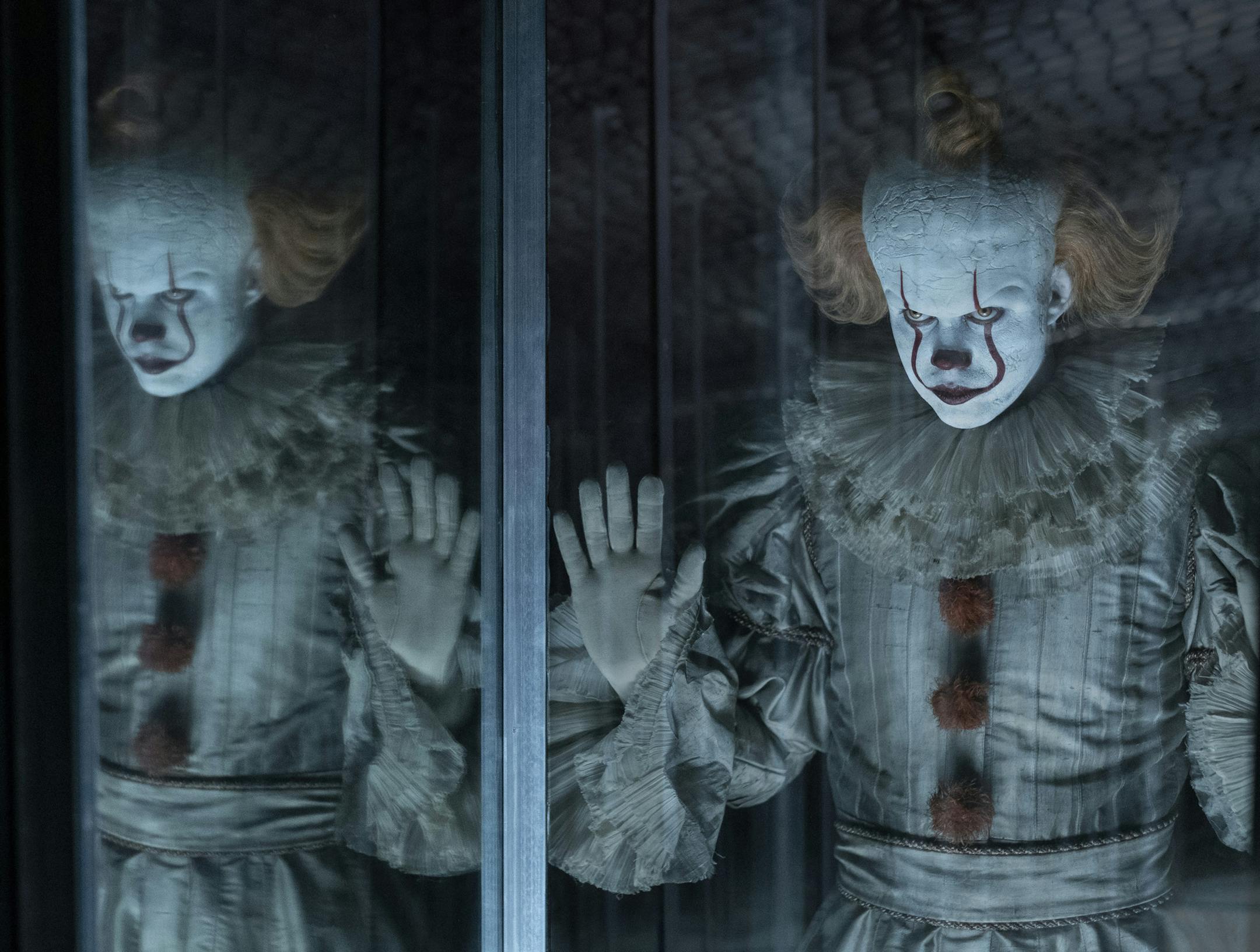 This image released by Warner Bros. Pictures shows Bill Skarsgard as Pennywise in New Line Cinema’s horror thriller "It: Chapter 2." (Brooke Palmer/Warner Bros. Pictures via AP)