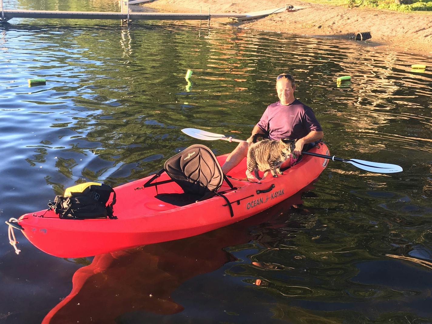 Max the cat and owner Craig Reed go kayaking on Forest Lake.