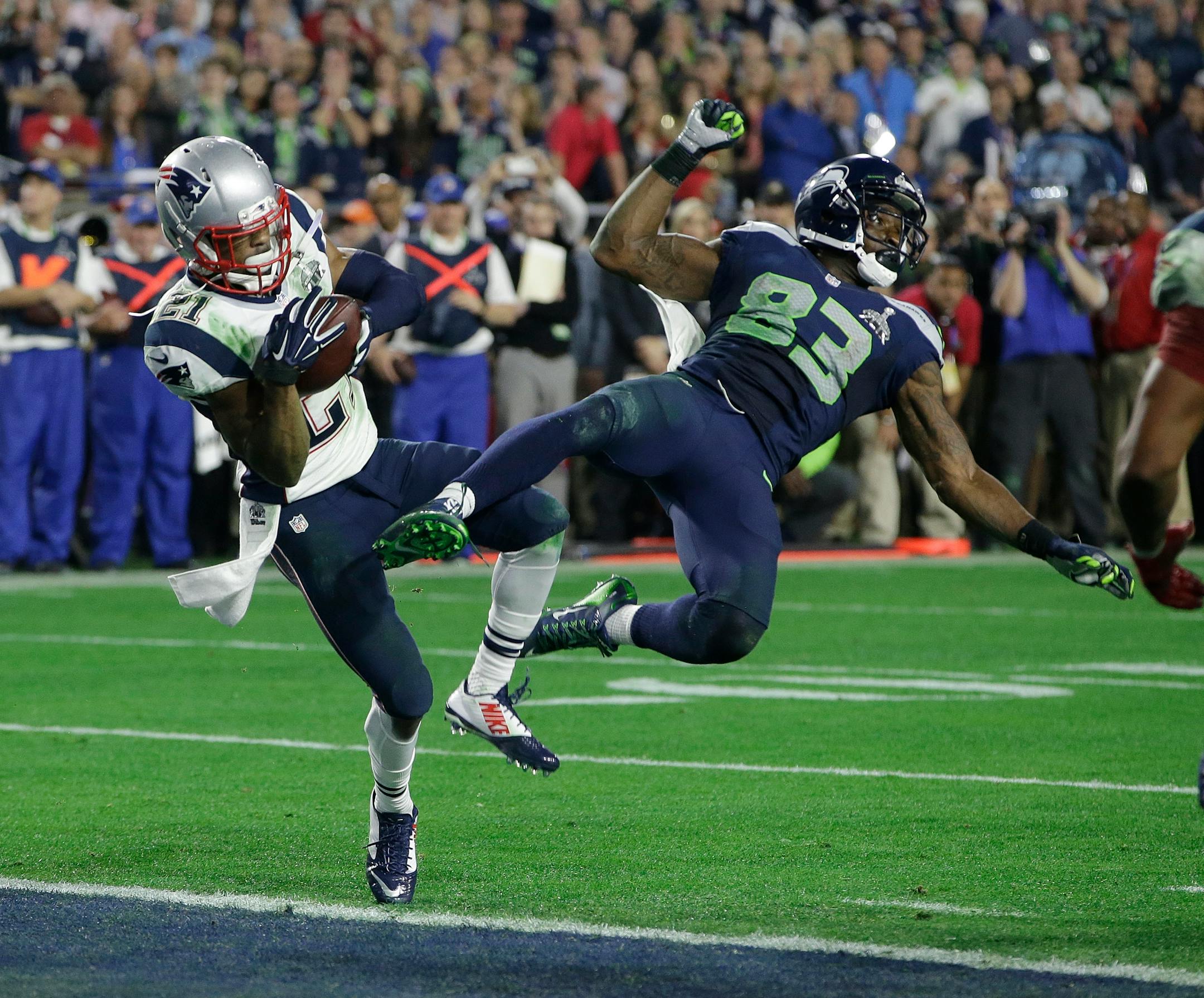 Patriots strong safety Malcolm Butler, an undrafted rookie, intercepted a pass intended for Seahawks wide receiver Ricardo Lockette (83) on the goal line in the final minute of the second half, clinching New England's 28-24 victory in Super Bowl XLIX.