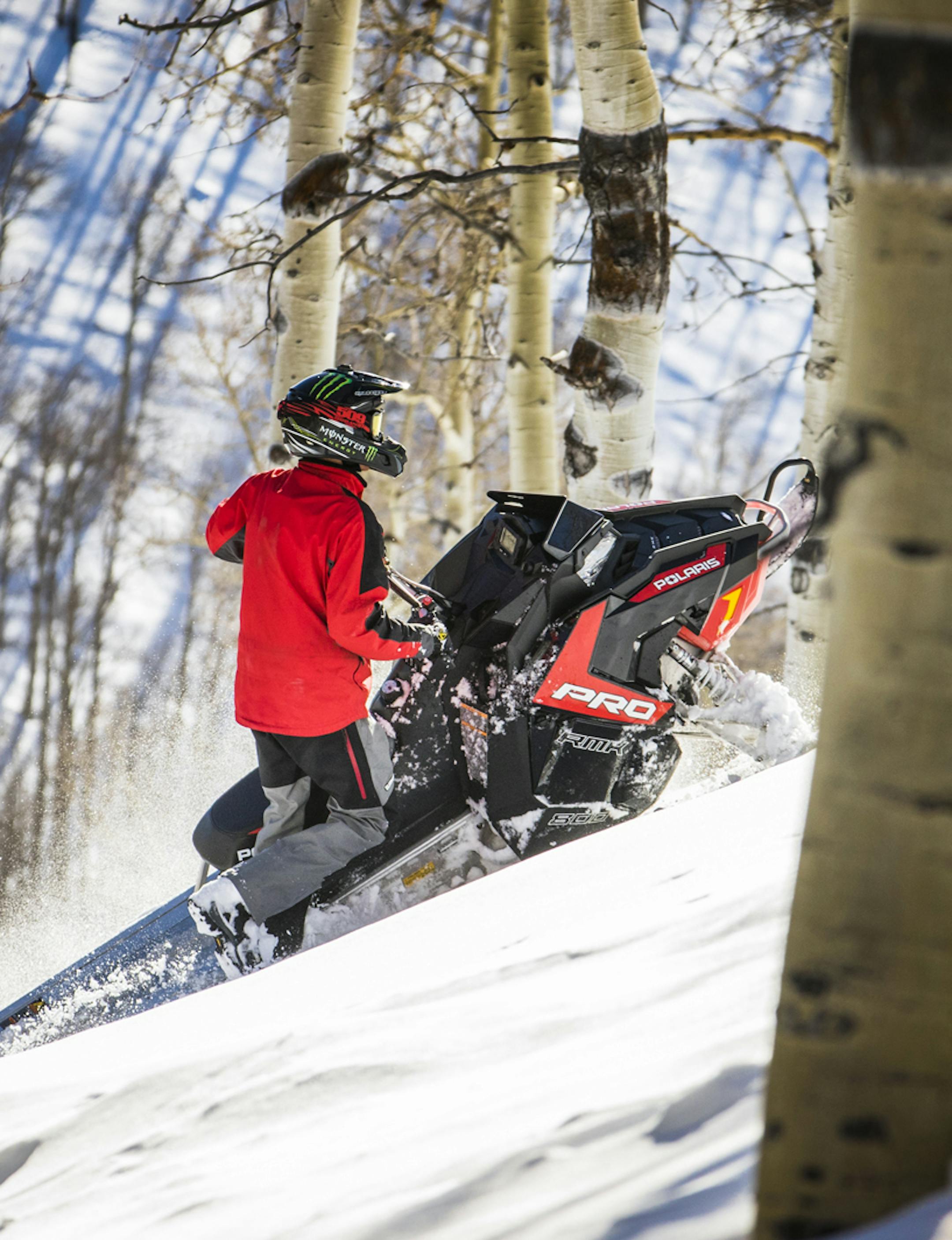 Polarisís new 800 PRO-RMK 155 mountain snowmobile. Itís only 408 pounds and appears to be the lightest mountain machine in the snowmobile industry. The bike was unveiled in January and will be shipped to dealers in the fall of 2015. ORG XMIT: MY15-POLARIS-SNOW