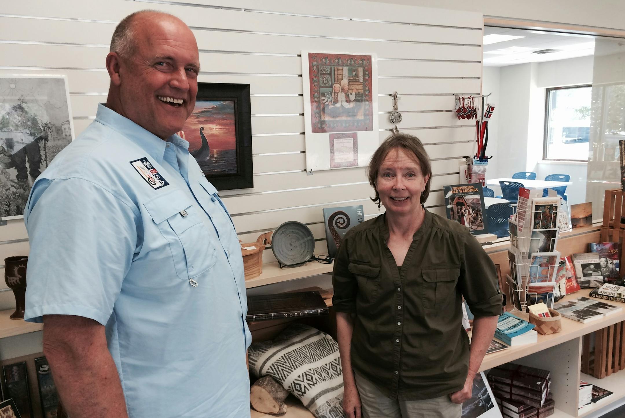 Norway House Board Chair Jon Pederson and Julie Ingebretsen, who heads 91-year-old Ingebretsen's, which has opened a coffee-and-gift shop in the new Norway House at 10th Avenue and E. Franklin Avenue.