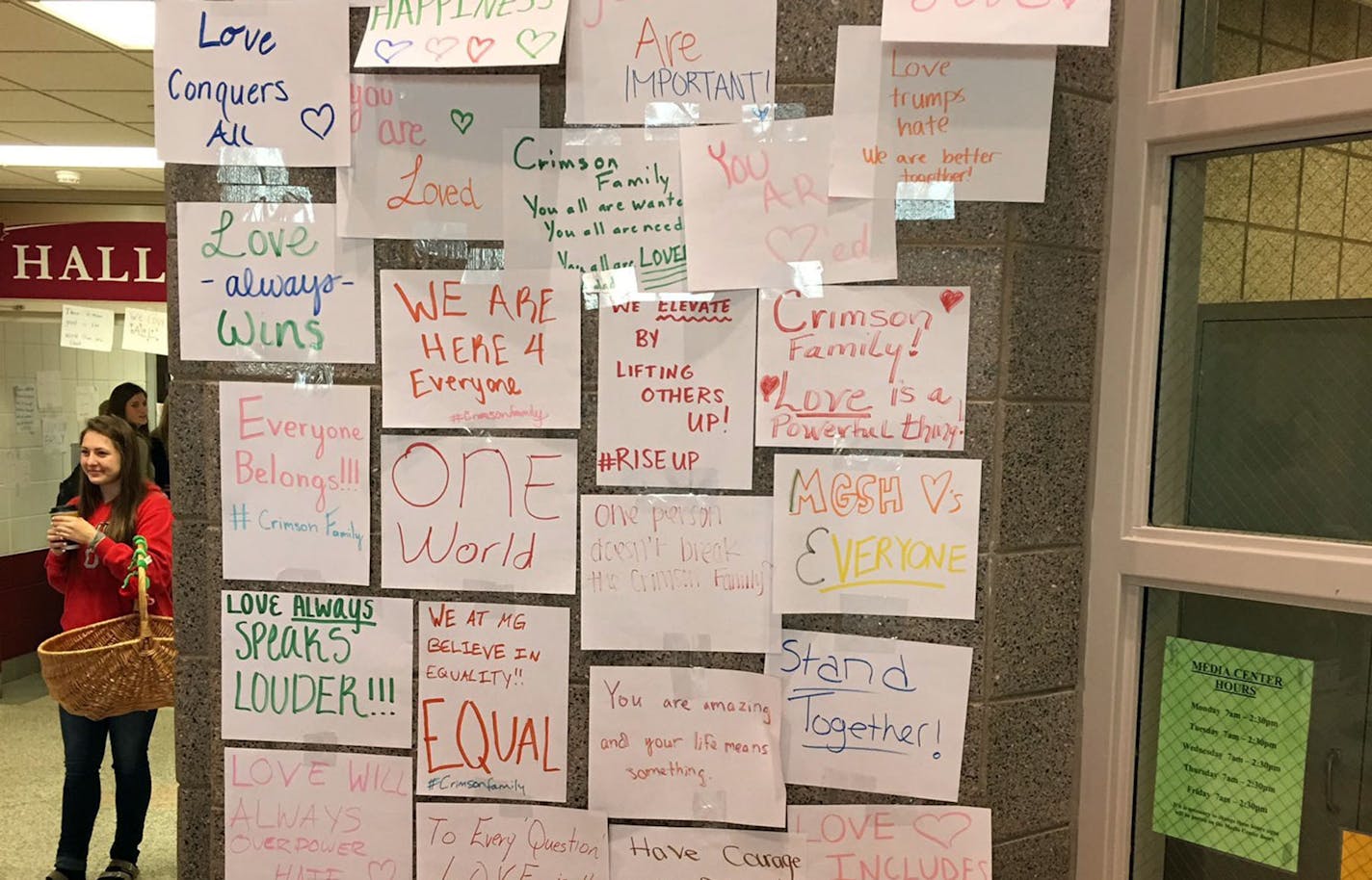 One day after racist graffiti was discovered at Maple Grove Senior High, students were greeted by messages of love in the school.