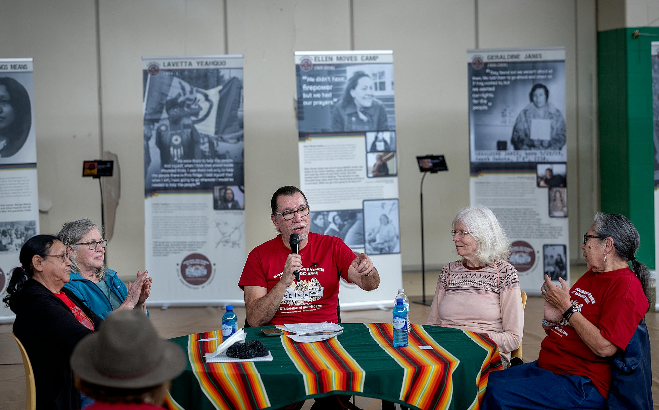 A Circle of History roundtable discussion and Q&A with the women of Wounded Knee, including from left, Alberta Yeah Qud, Joanne Brown, Moderator Robert Pilot of AIM Twin Cities, Fran Olson, and Madonna Tinder Hawk, was held at the exhibit honoring the Women of Wounded Knee in Porcupine, SD on the Pine Ridge Indian Reservation.