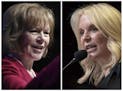 FILE - This combination of June 1, 2018, file photos shows Minnesota U.S. Senate candidates from left, Democratic U.S. Sen Tina Smith and Republican K