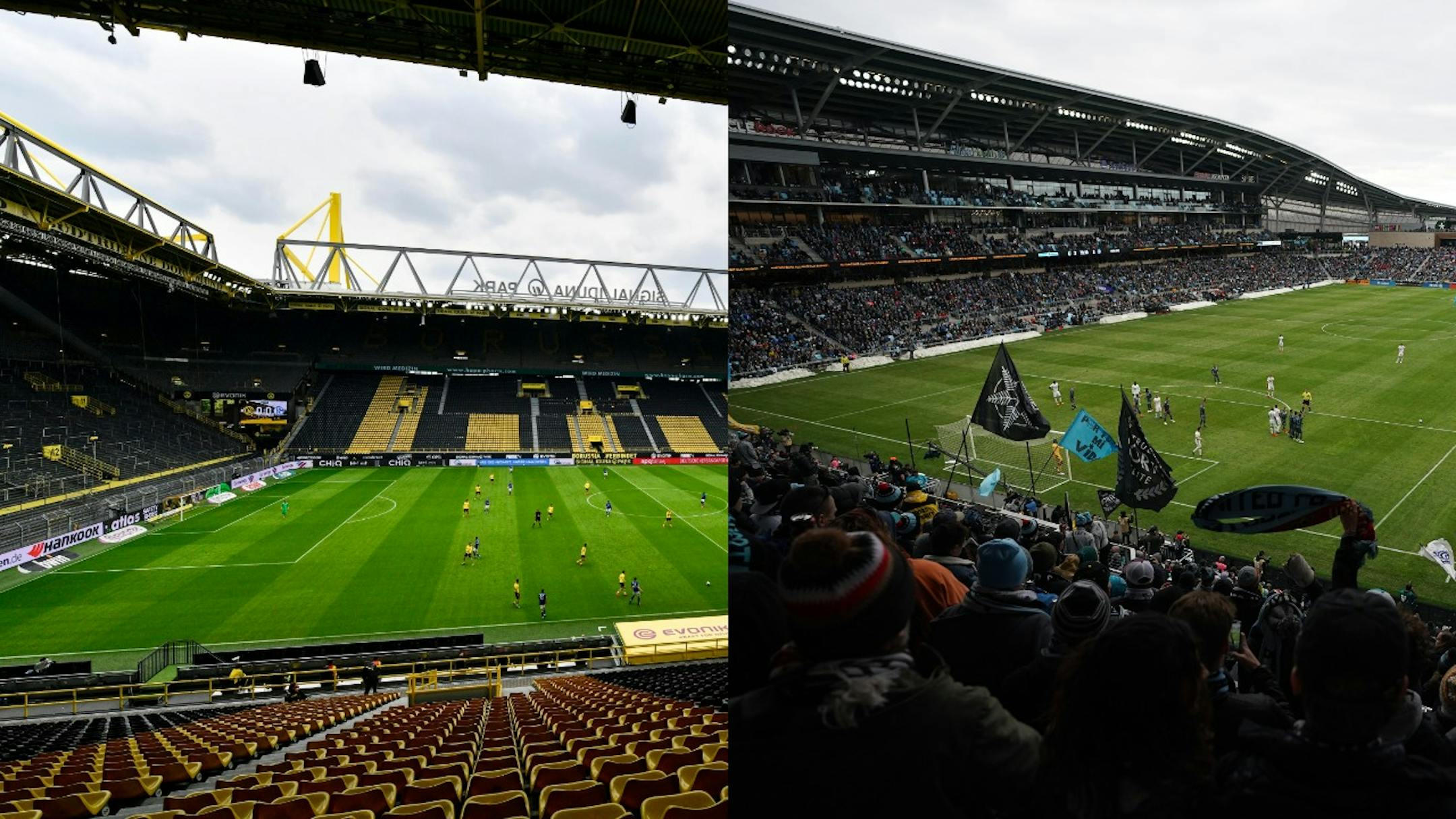 When Minnesota United returns to Major League Soccer play, the venues will be largely empty as was the stadium in Dortmund, Germany, for Saturday's Bundesliga match between Borussia Dortmund and Schalke 04 (left), not packed with passionate fans such as at the Loons' home, Allianz Field (right).