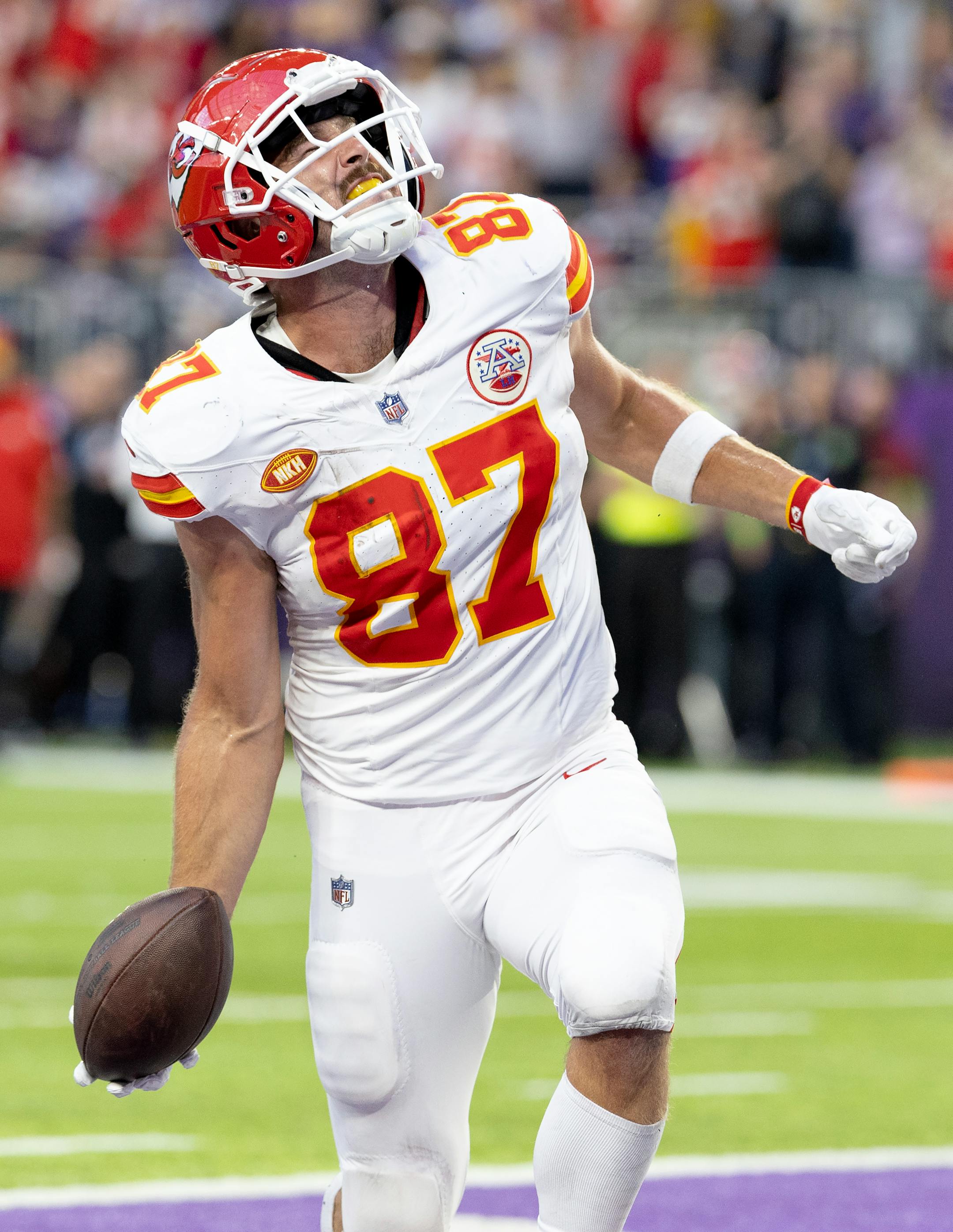 Kansas City Chiefs tight end Travis Kelce (87) celebrates after a touchdown in the third quarter.