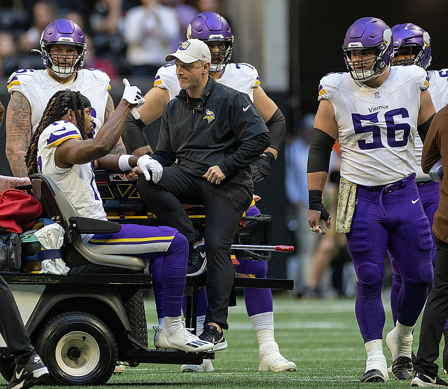 Vikings wide receiver K.J. Osborn (17) gives a thumbs-up after he is injured in the second quarter at Mercedes-Benz Stadium in Atlanta, Georgia, on Friday, Nov. 3, 2023. ] Elizabeth Flores • liz.flores@startribune.com