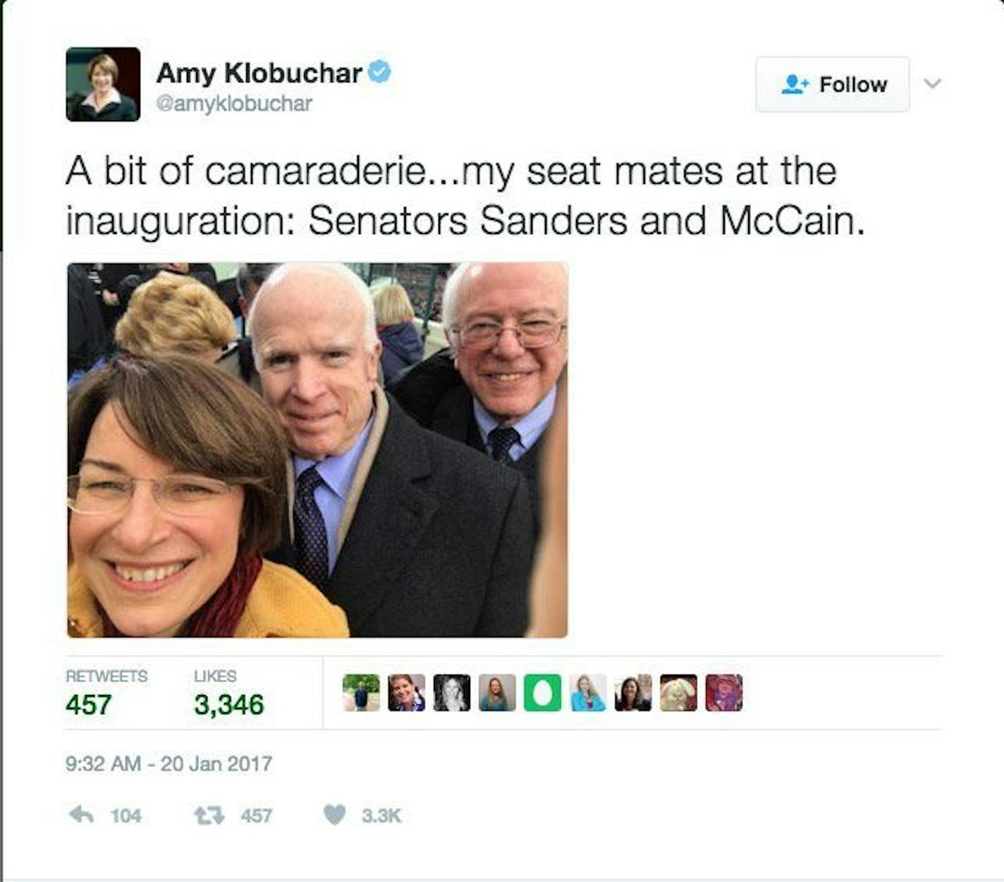 A screen shot of a selfie Minnesota Sen. Amy Klobouchar tweeted of her with colleagues Sen. John McCain (R-AZ) and Sen. Bernie Sanders (I-VT) while attending the inauguraton of Donald J. Trump Friday morning.