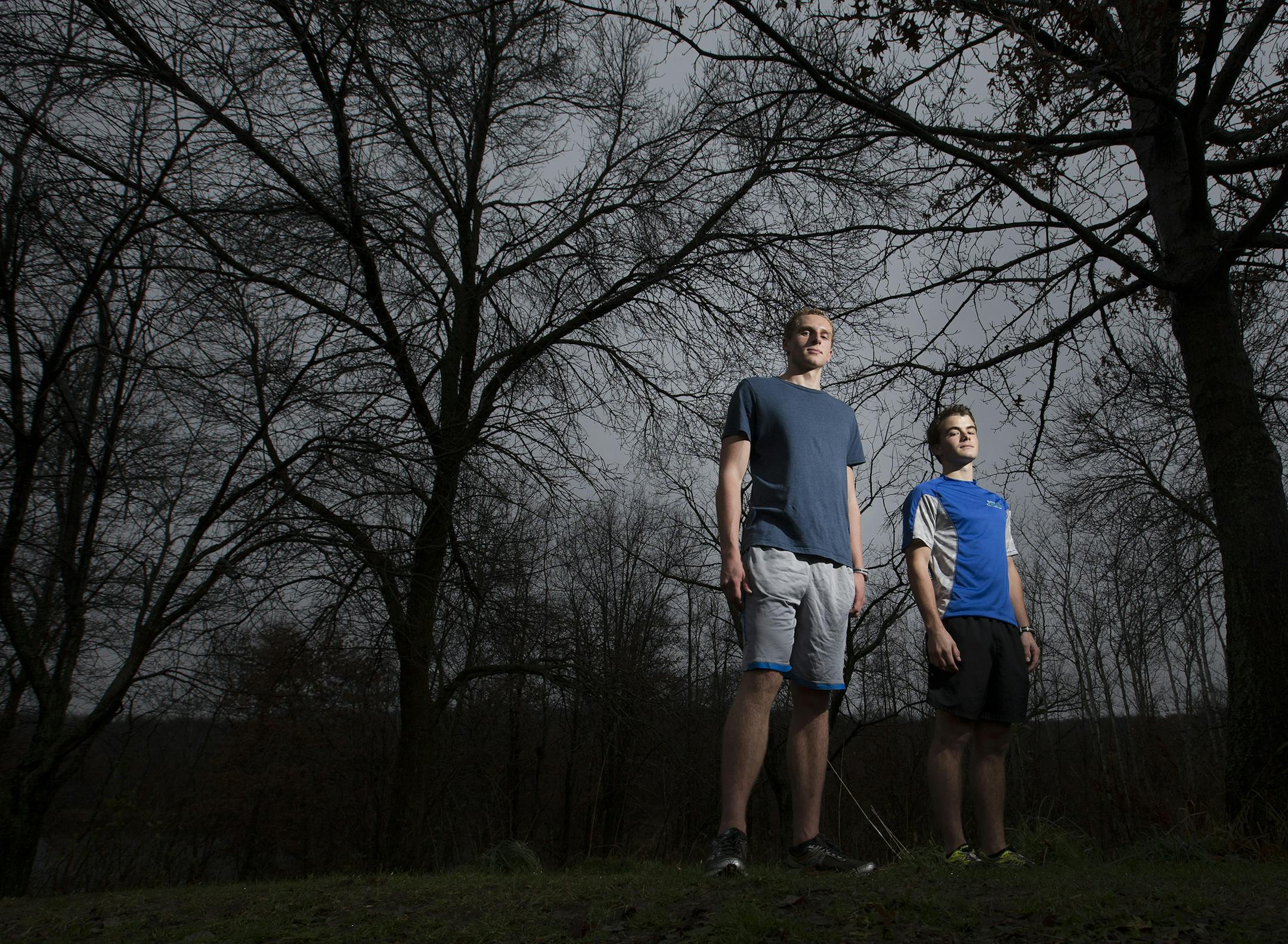 Eagan High School boys Nordic skiers Ryan Steger Jr. (6'3") and Patrick Acton, Jr. (5'6"). ] CARLOS GONZALEZ ï cgonzalez@startribune.com - November 17, 2015, Eagan, MN, Lebanon Hills Park, Eagan boys' Nordic skiing, Patrick Acton, Jr. and Ryan Steger Jr.