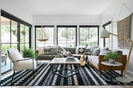 The crisp black-and-white palette in the family room of the Nordic-inspired modern farmhouse in Minneapolis, this year's HGTV Urban Oasis sweepstakes.