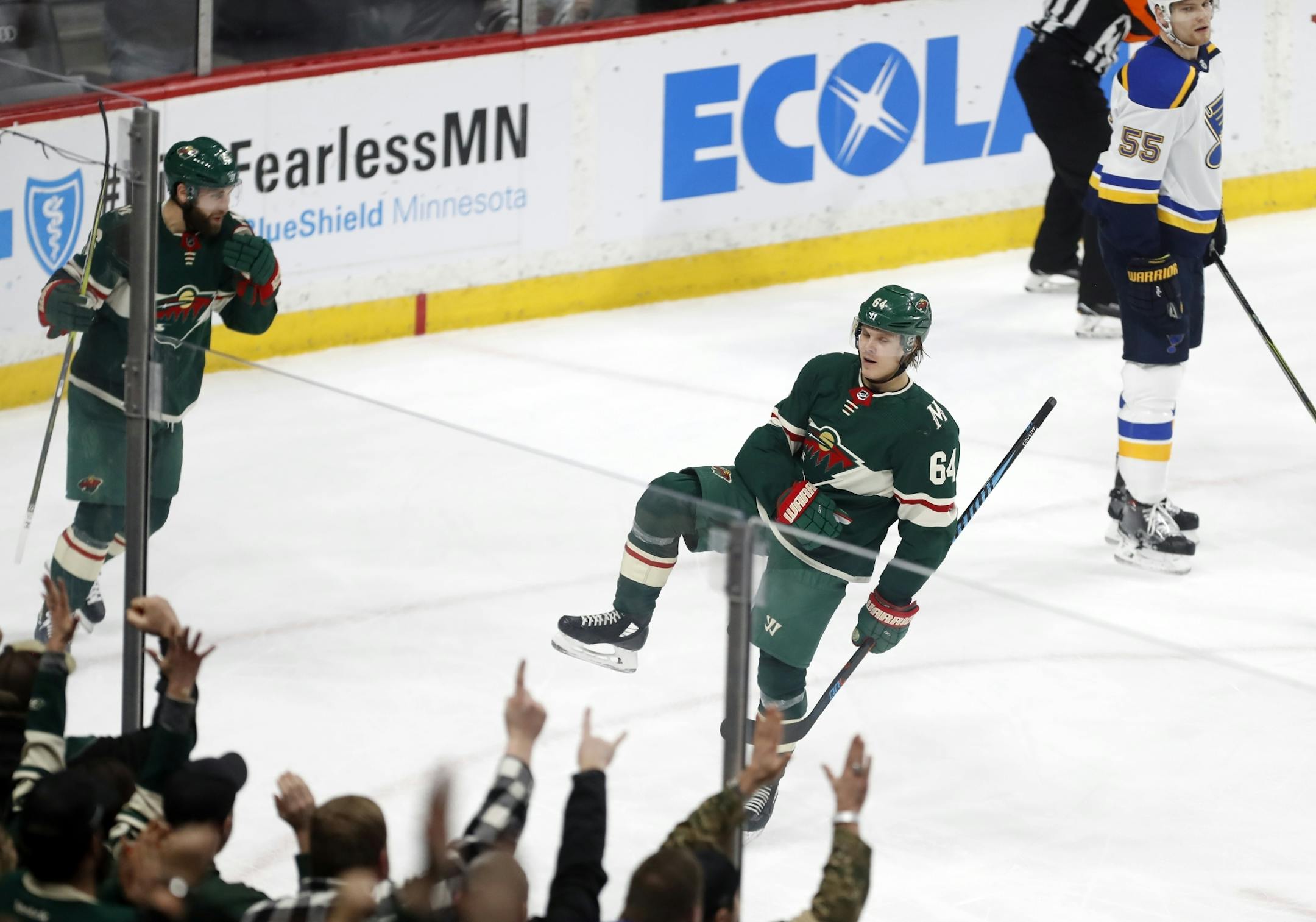 Michael Granlund(64) celebrates his goal on Jake Allen(34) of the Blues for the third goal of the game.
