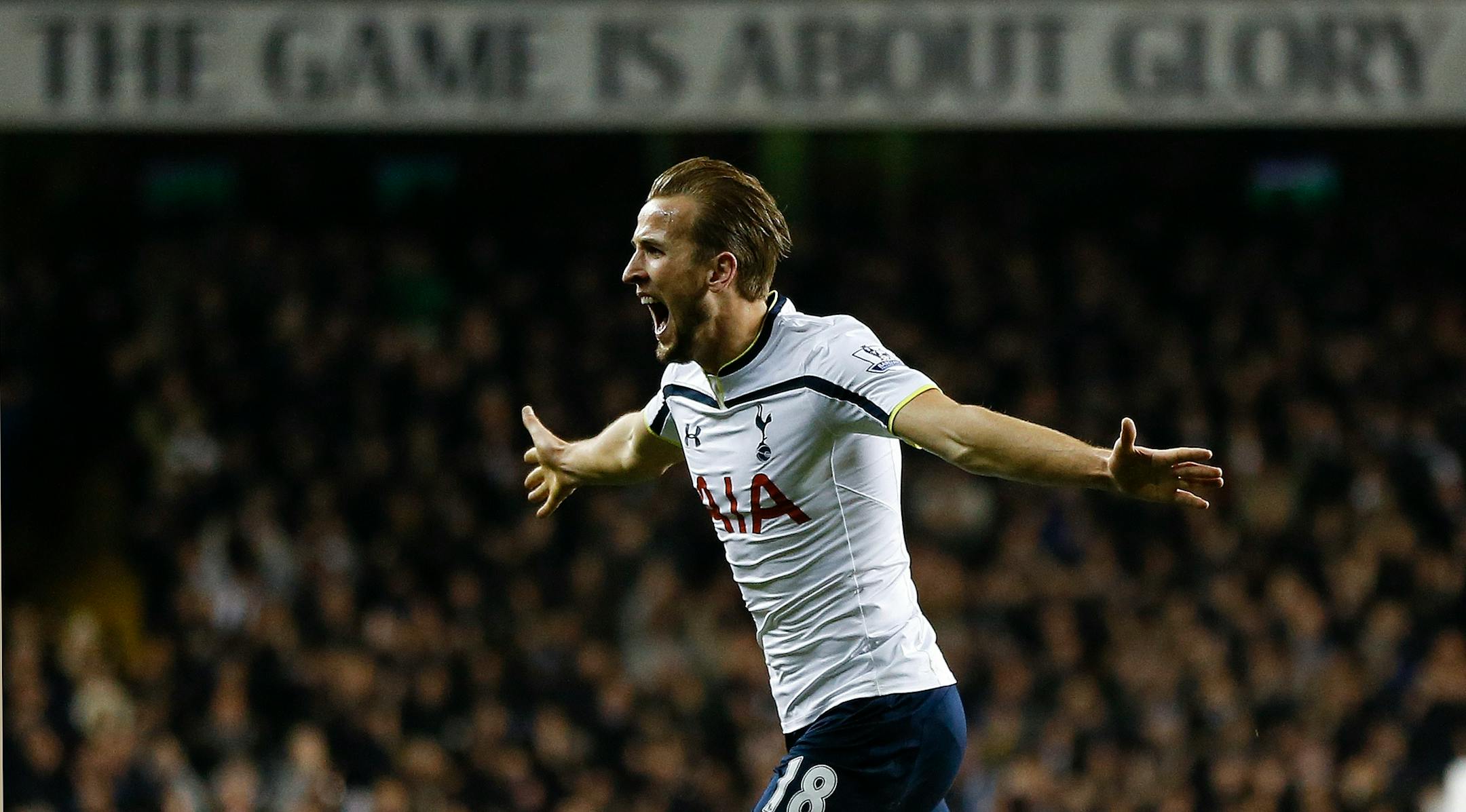 Tottenham's Harry Kane celebrates scoring a goal during the English Premier League soccer match between Tottenham Hotspur and Chelsea at White Hart Lane Stadium in London, Thursday, Jan. 1, 2015. (AP Photo/Kirsty Wigglesworth)