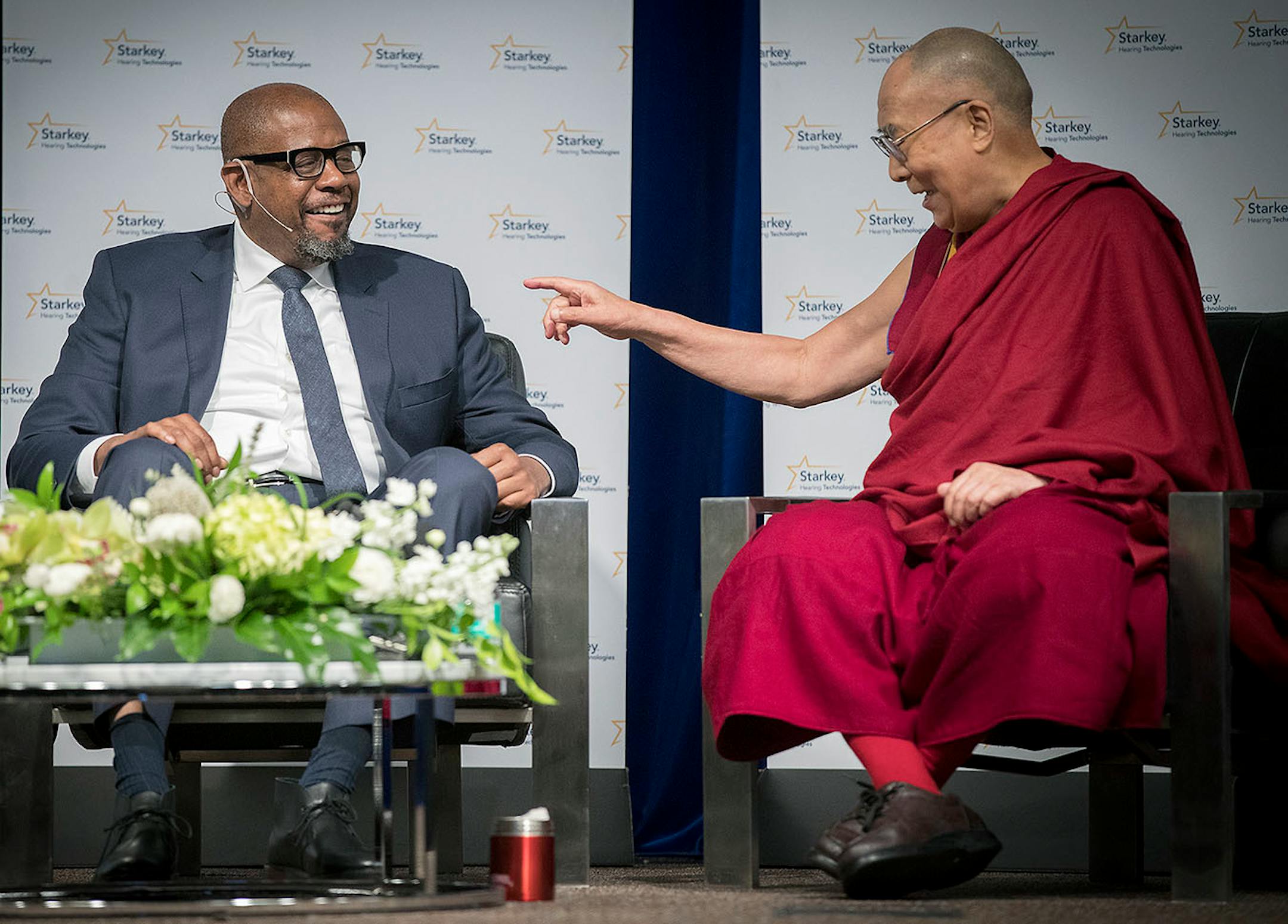 Actor Forest Whitaker got teased by the Dalai Lama as they participated in a panel discussion at Starkey Hearing Technologies, Friday, June 23, 2017 in Eden Prairie, MN.