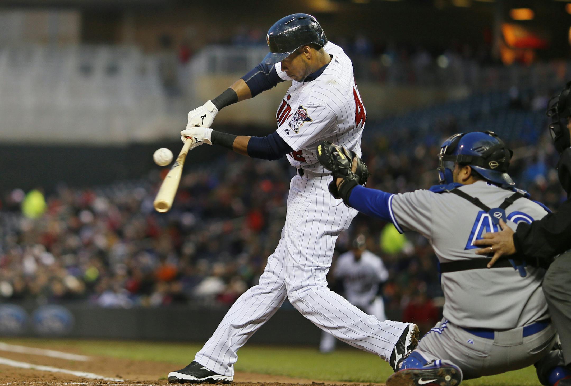 Pedro Florimon hit a triple in the second inning during MLB action at Target Field between the Minnesota Twins and Toronto Blue Jays April 15, 2014 in Minneapolis , MN. ]JERRY HOLT jerry.holt@startribune.com