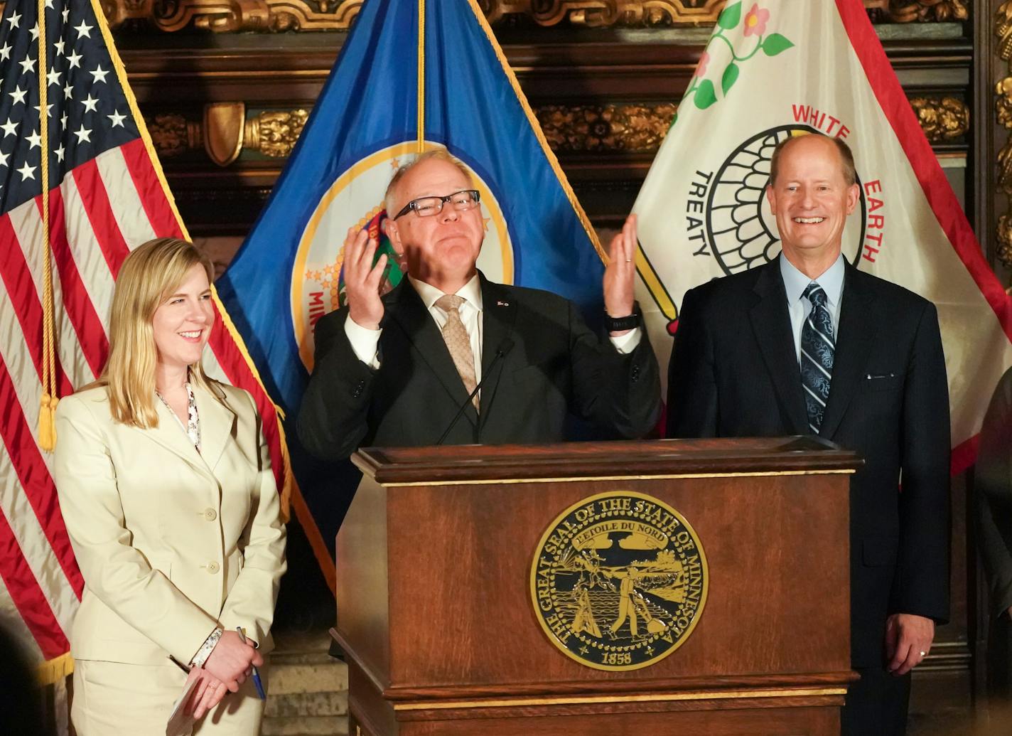 Minnesota Gov. Tim Walz, Senate Majority Leader Paul Gazelka and House Speaker Melissa Hortman at a Sunday news conference announcing the budget agreement. Now a special session has been called.