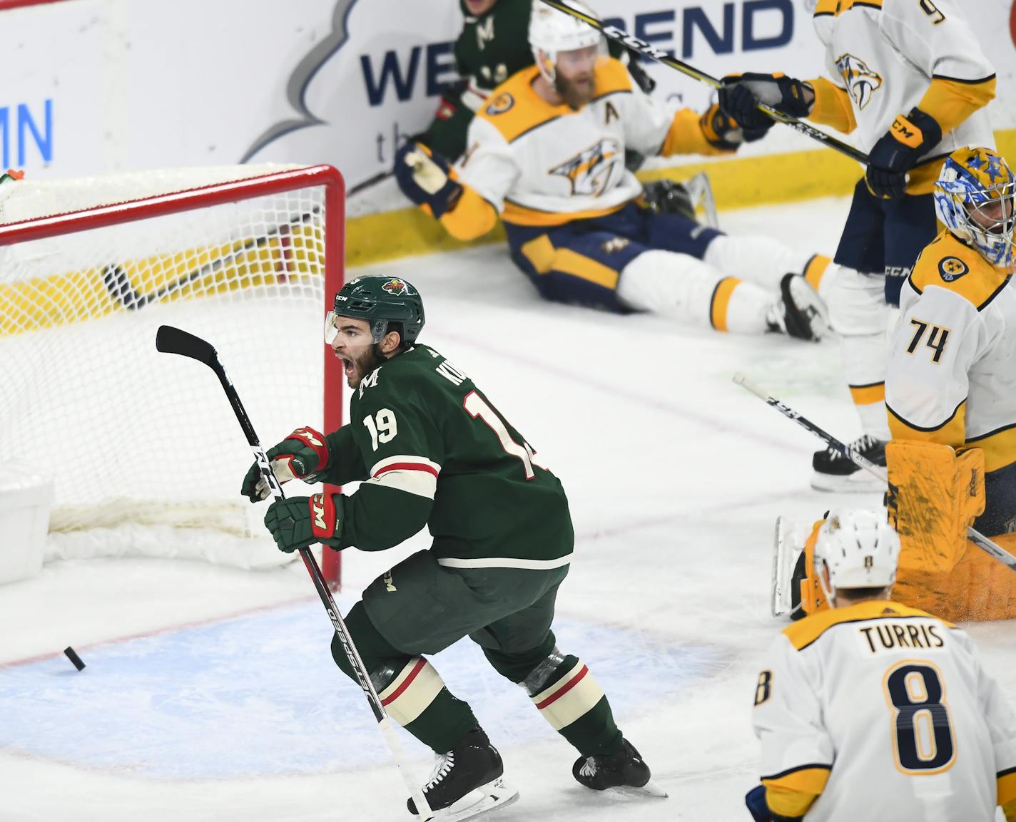 Minnesota Wild center Luke Kunin (19) scored a goal against Nashville Predators goaltender Juuse Saros (74) in the first period. ] Aaron Lavinsky &#x2022; aaron.lavinsky@startribune.com The Minnesota Wild played the Nashville Predators on Tuesday, March 3, 2020 at the Xcel Energy Center in St. Paul, MInn.